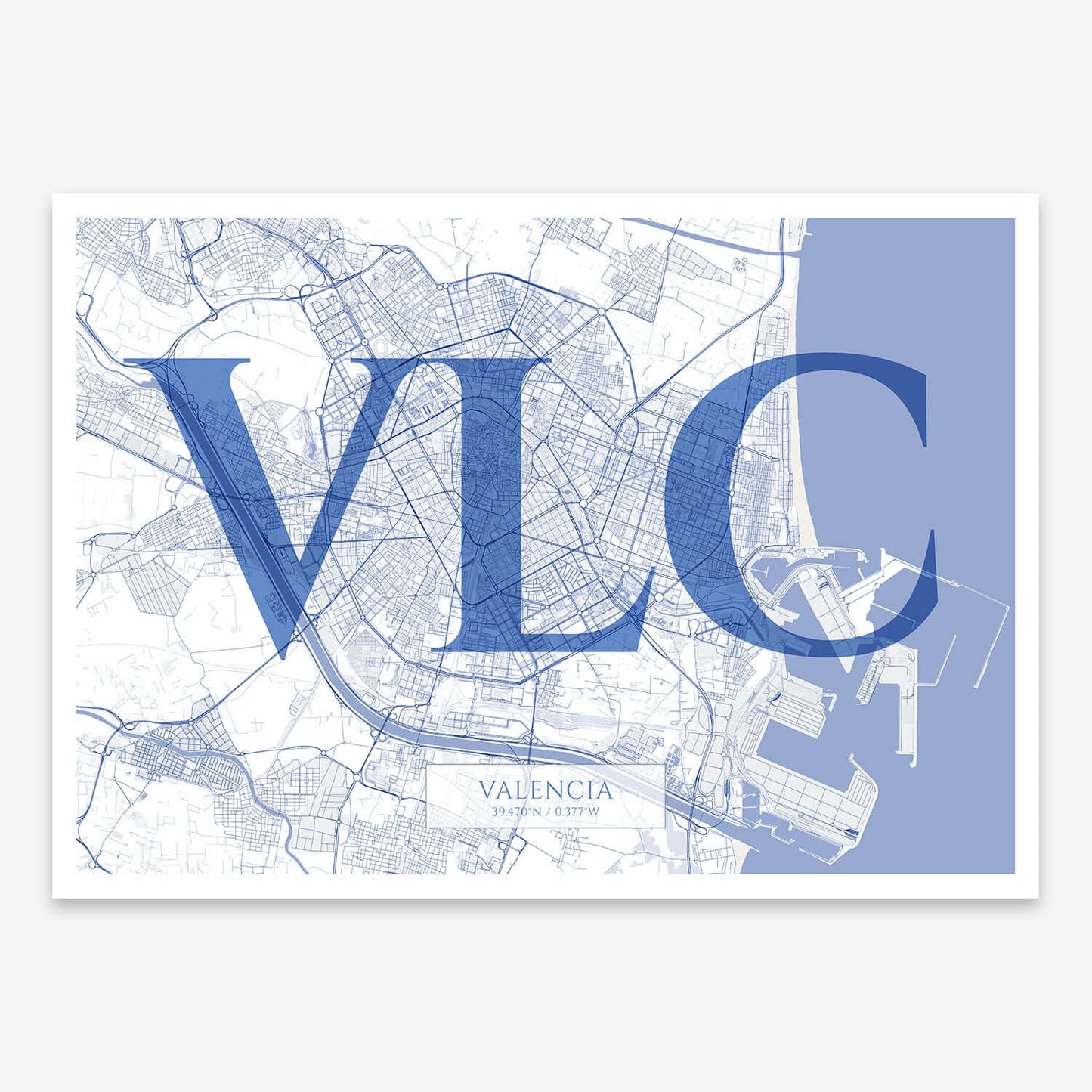 The map of Valencia composed with letters in serif font printed on navy blue and white