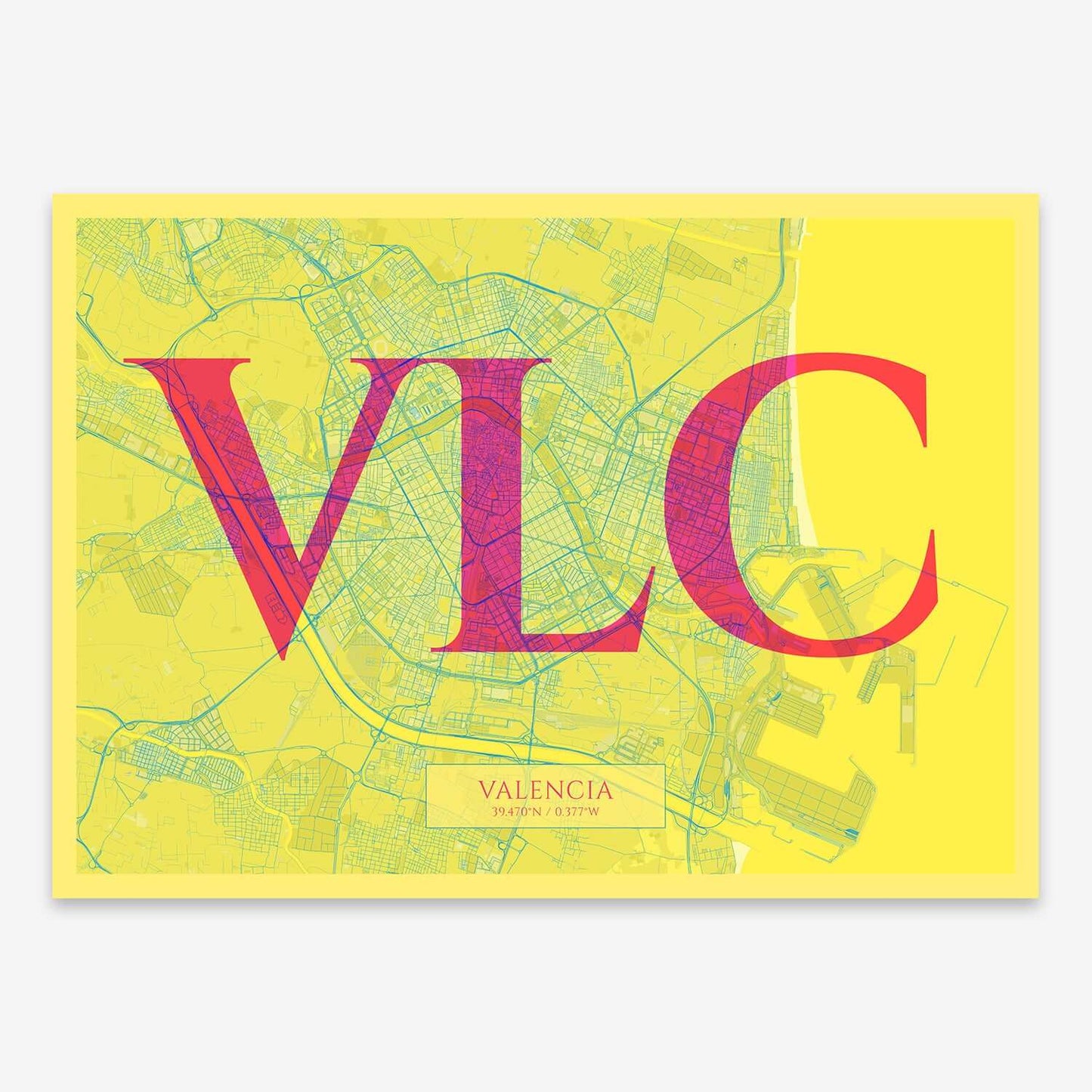 The map of Valencia composed with letters in serif font printed on yellow and fuchsia