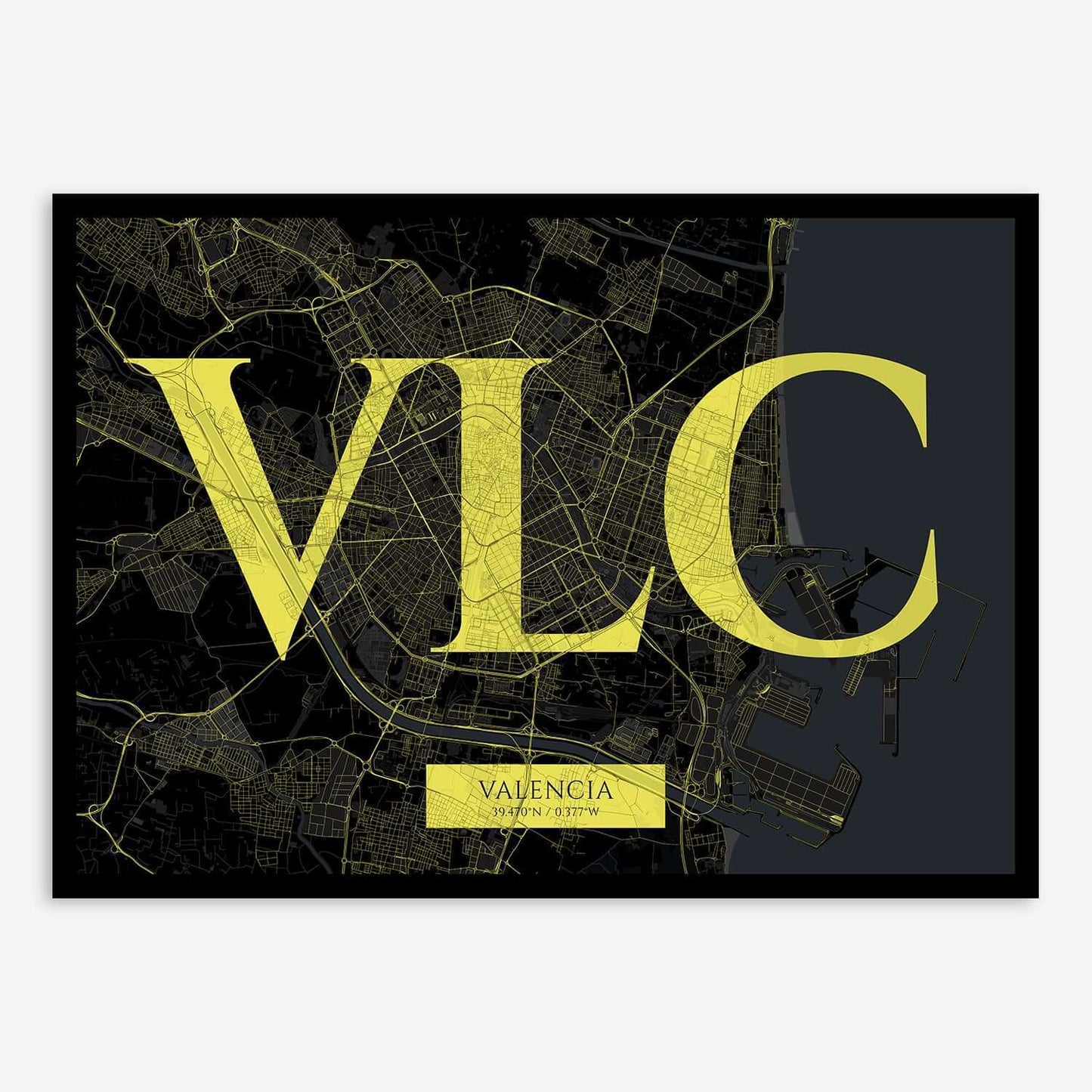 The map of Valencia composed with letters in serif font printed on black and yellow