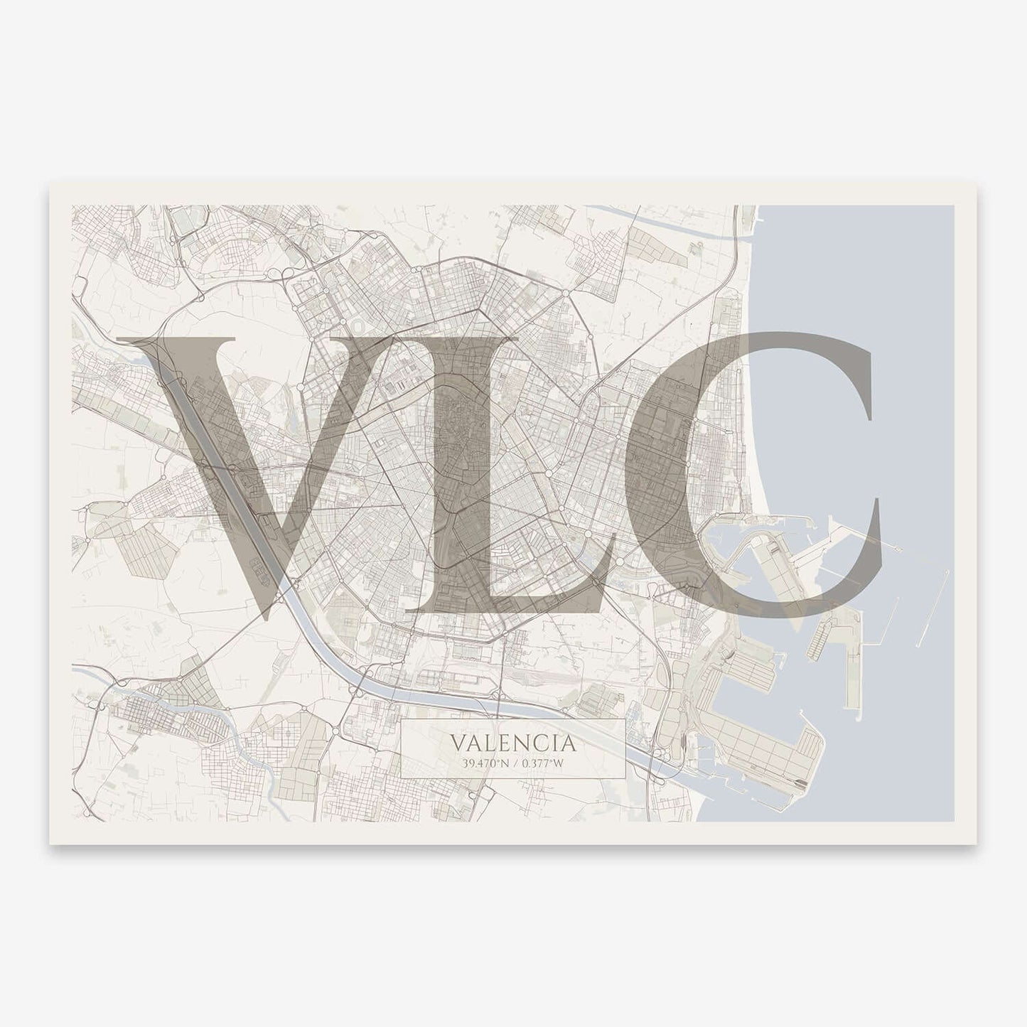 The map of Valencia composed with letters in serif font printed on light brown and an off-white background