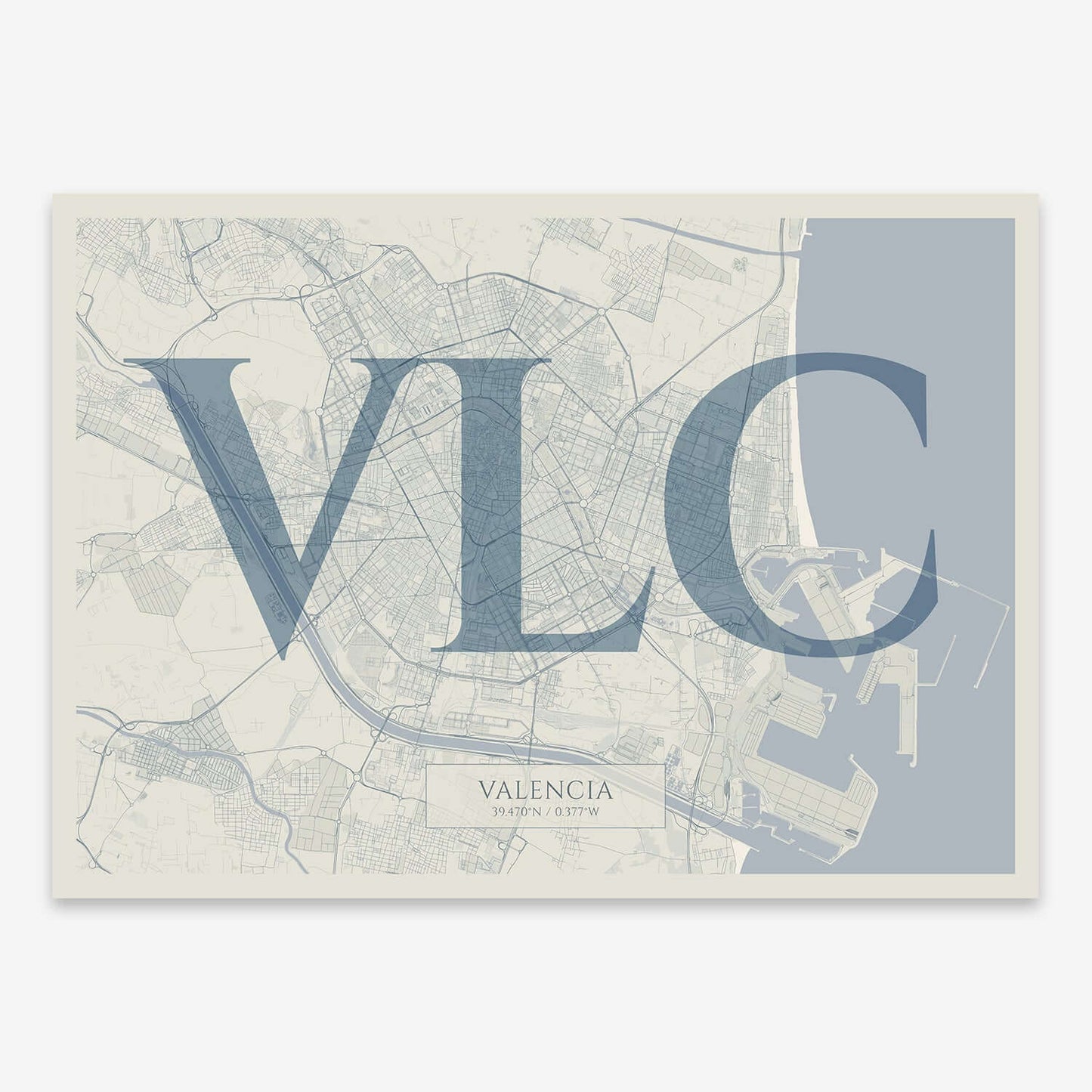 The map of Valencia composed with letters in serif font printed on bluish gray and an off-white background