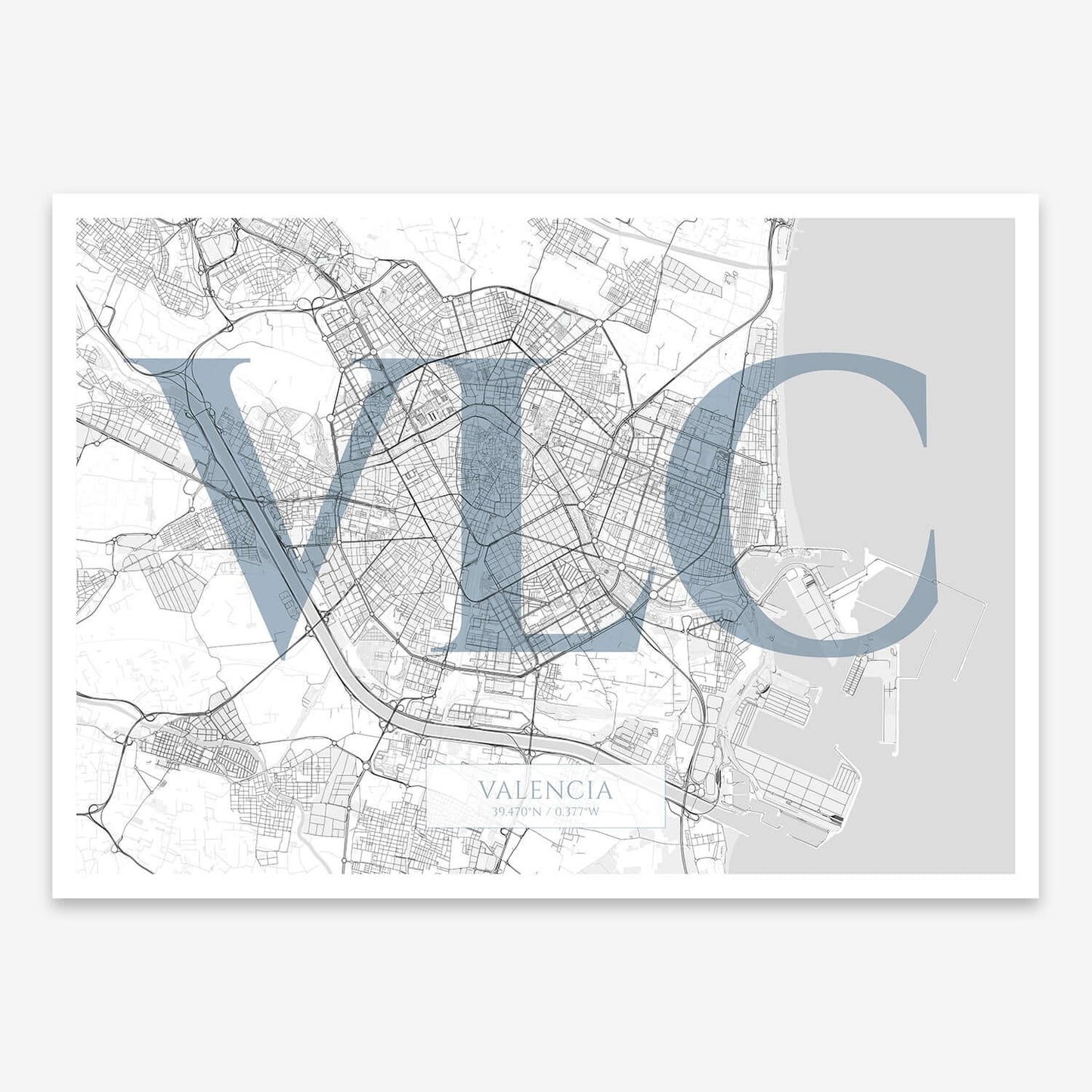 The map of Valencia composed with letters in serif font printed on black and white