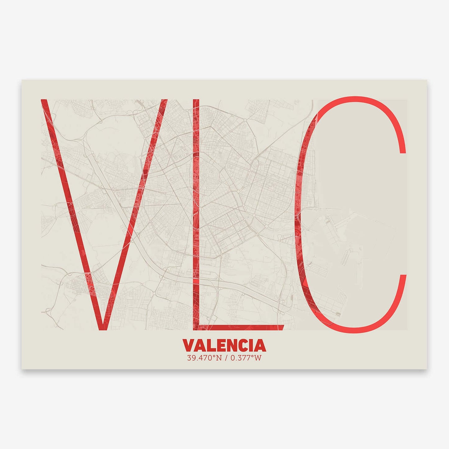 The map of Valencia composed with letters in extra light font printed on red and an off-white background