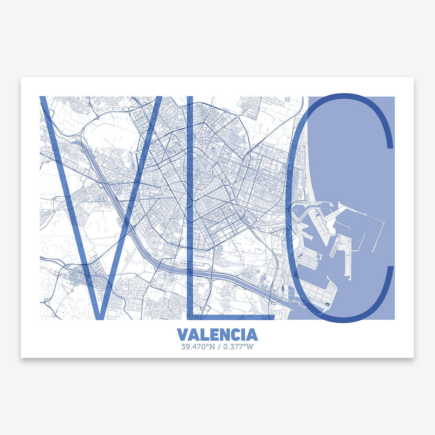 The map of Valencia composed with letters in extra light font printed on navy blue and white