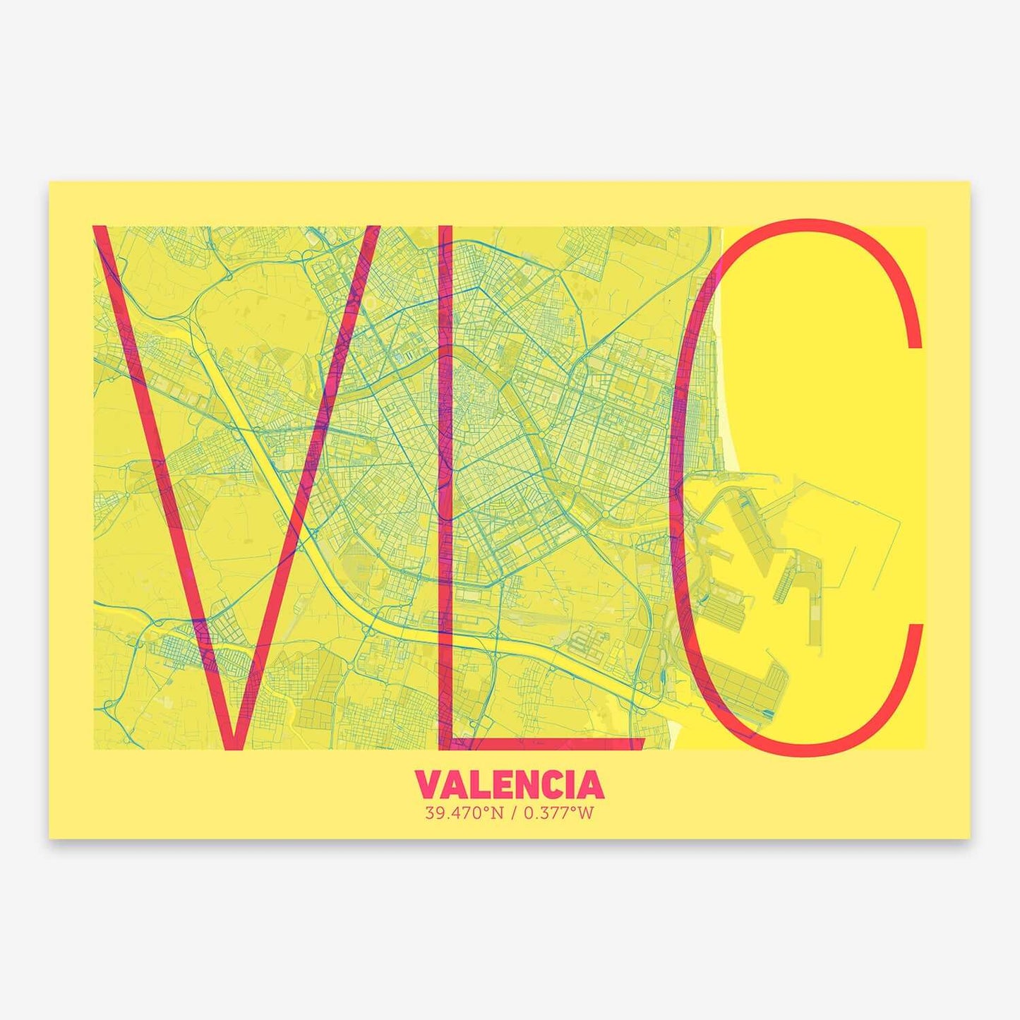The map of Valencia composed with letters in extra light font printed on yellow and fuchsia