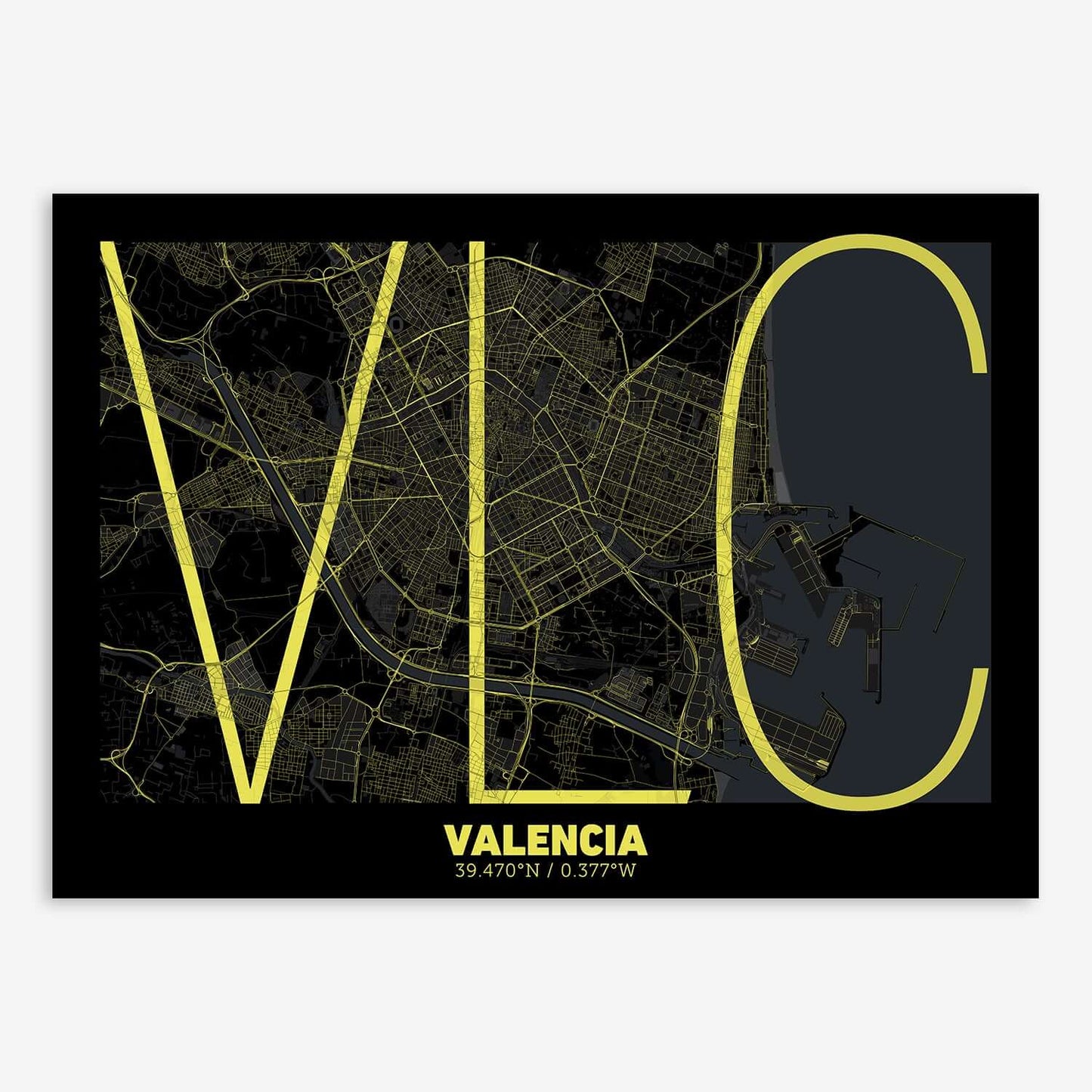 The map of Valencia composed with letters in extra light font printed on black and yellow