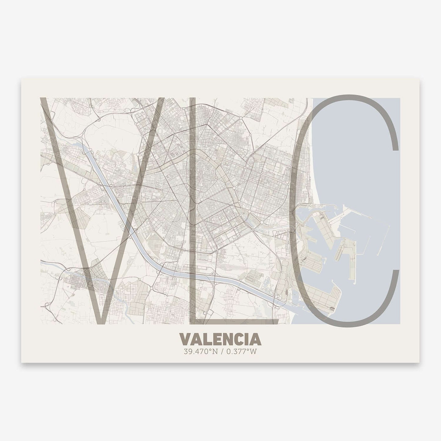 The map of Valencia composed with letters in extra light font printed on light brown and an off-white background