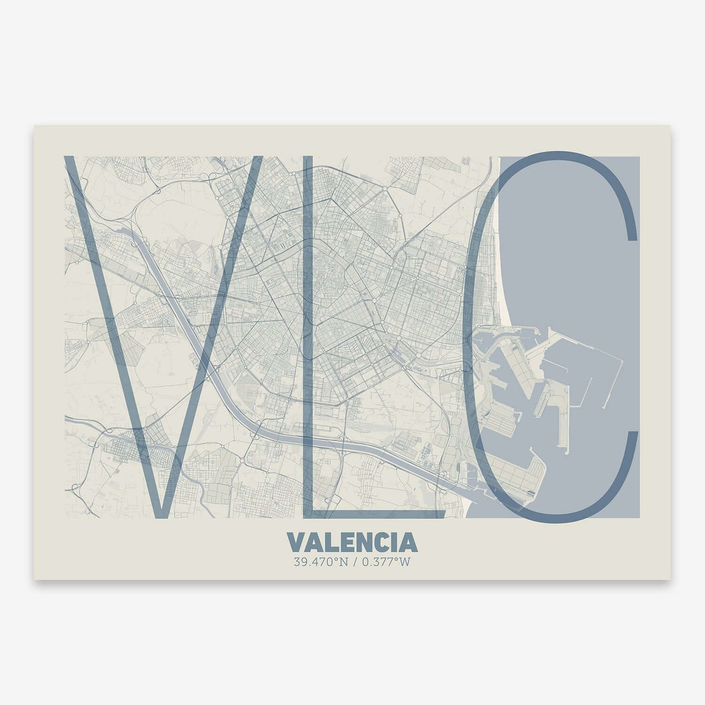 The map of Valencia composed with letters in extra light font printed on bluish gray and an off-white background