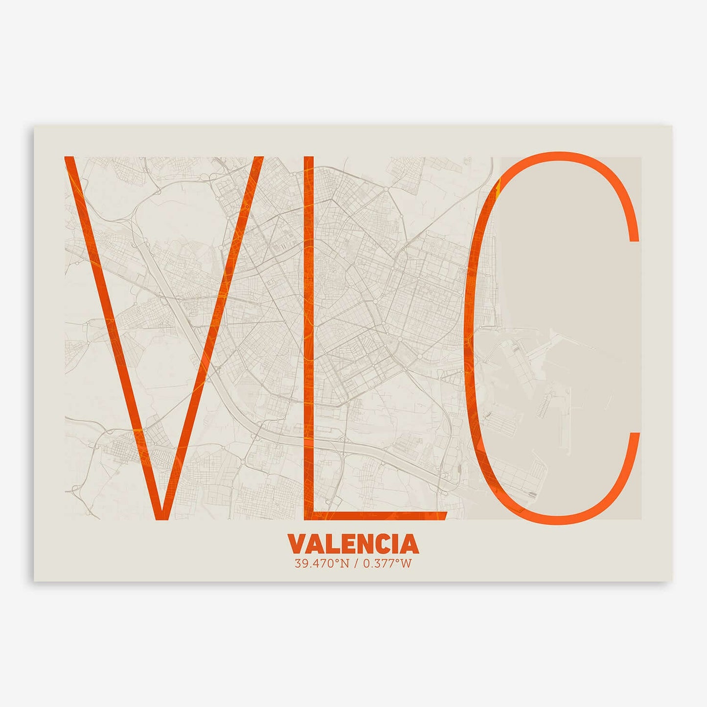 The map of Valencia composed with letters in extra light font printed on orange and an off-white background