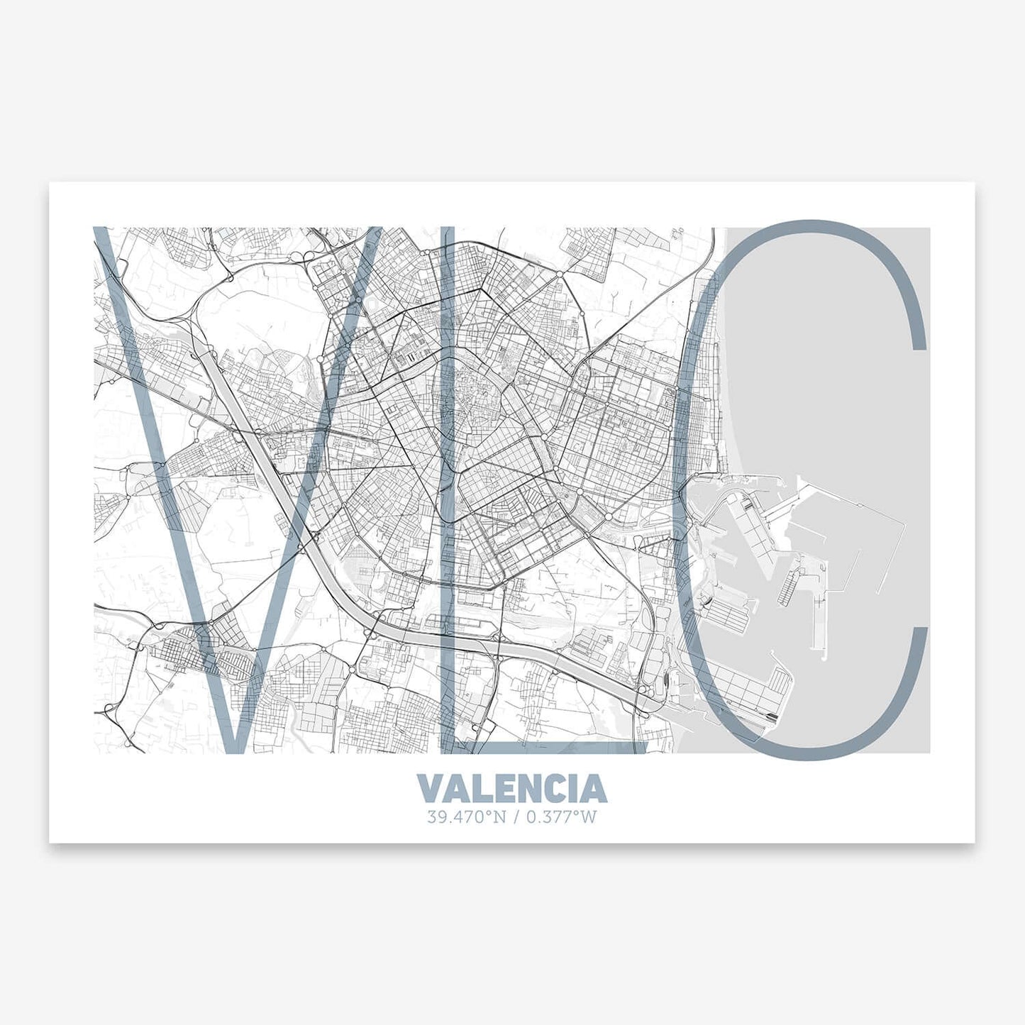 The map of Valencia composed with letters in extra light font printed on black and white