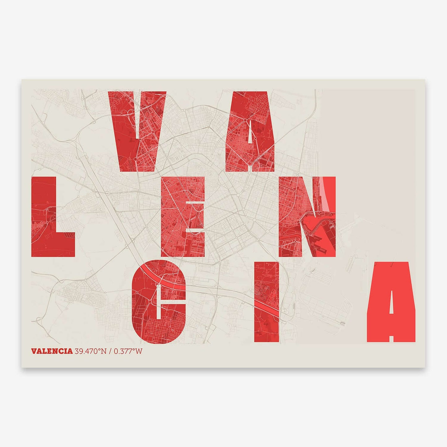 The map of Valencia with letters of its name placed randomly, designed in red and an off-white background