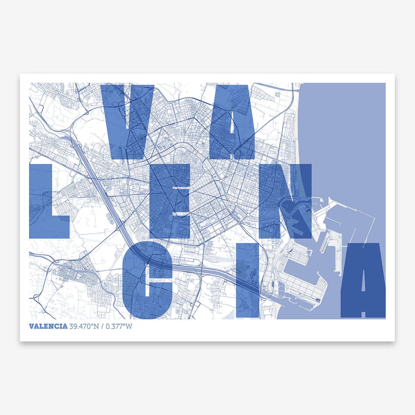 The map of Valencia with letters of its name placed randomly, designed in navy blue and white