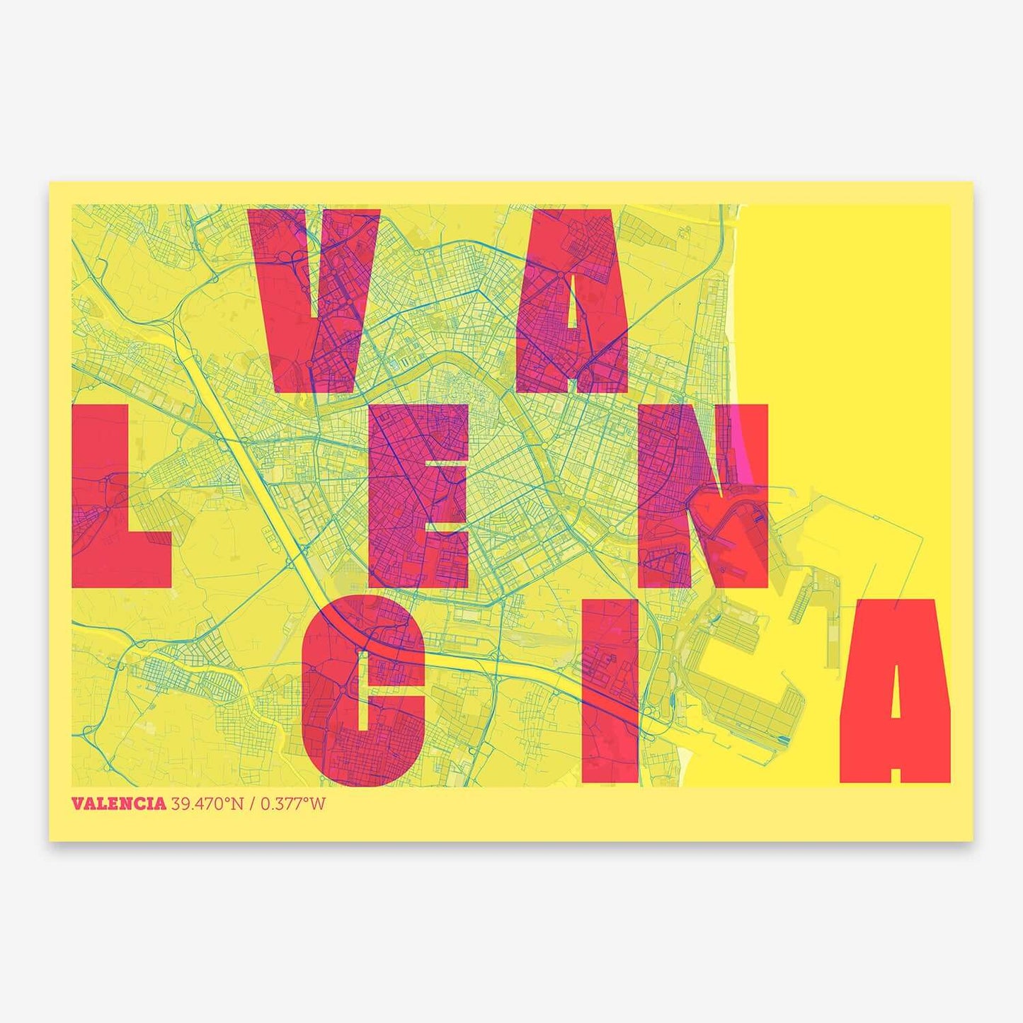 The map of Valencia with letters of its name placed randomly, designed in yellow and fuchsia
