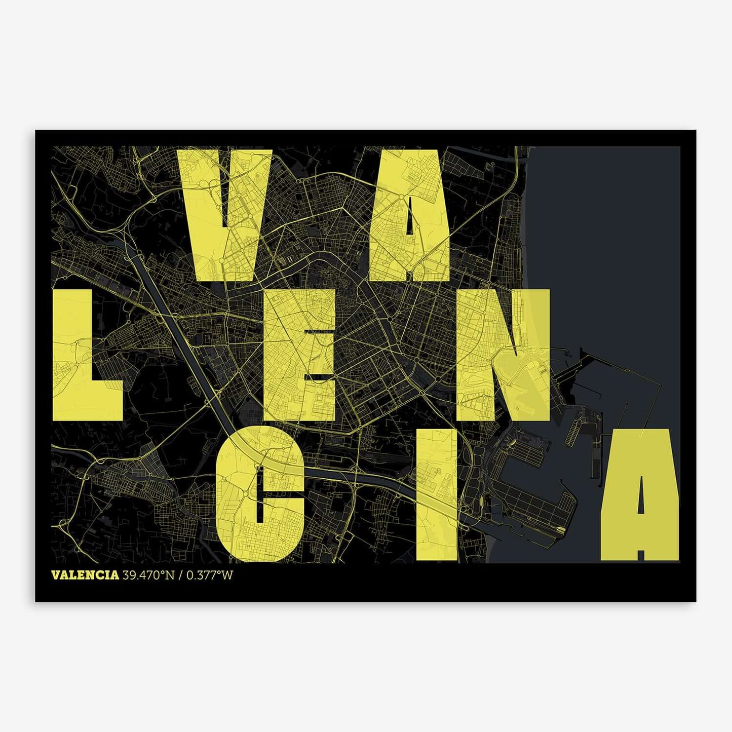 The map of Valencia with letters of its name placed randomly, designed in black and yellow