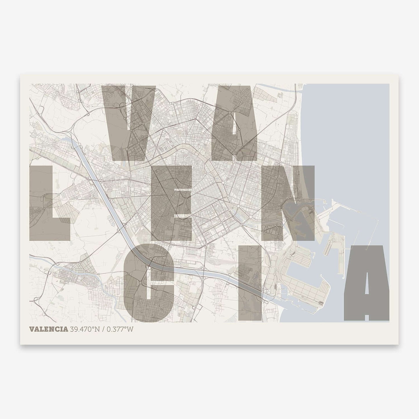The map of Valencia with letters of its name placed randomly, designed in light brown and an off-white background