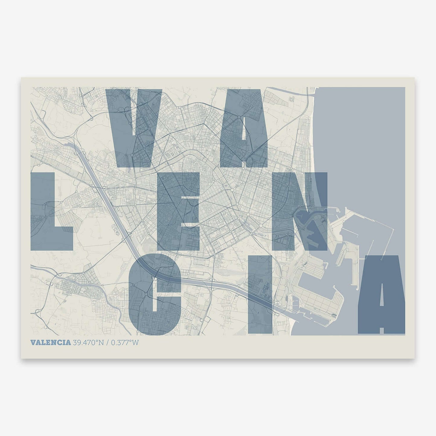 The map of Valencia with letters of its name placed randomly, designed in bluish gray and an off-white background