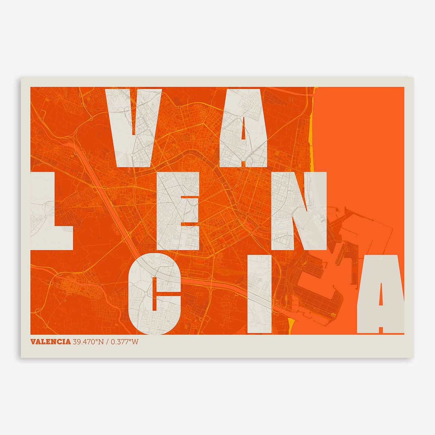 The map of Valencia with letters of its name placed randomly, designed in orange and an off-white background