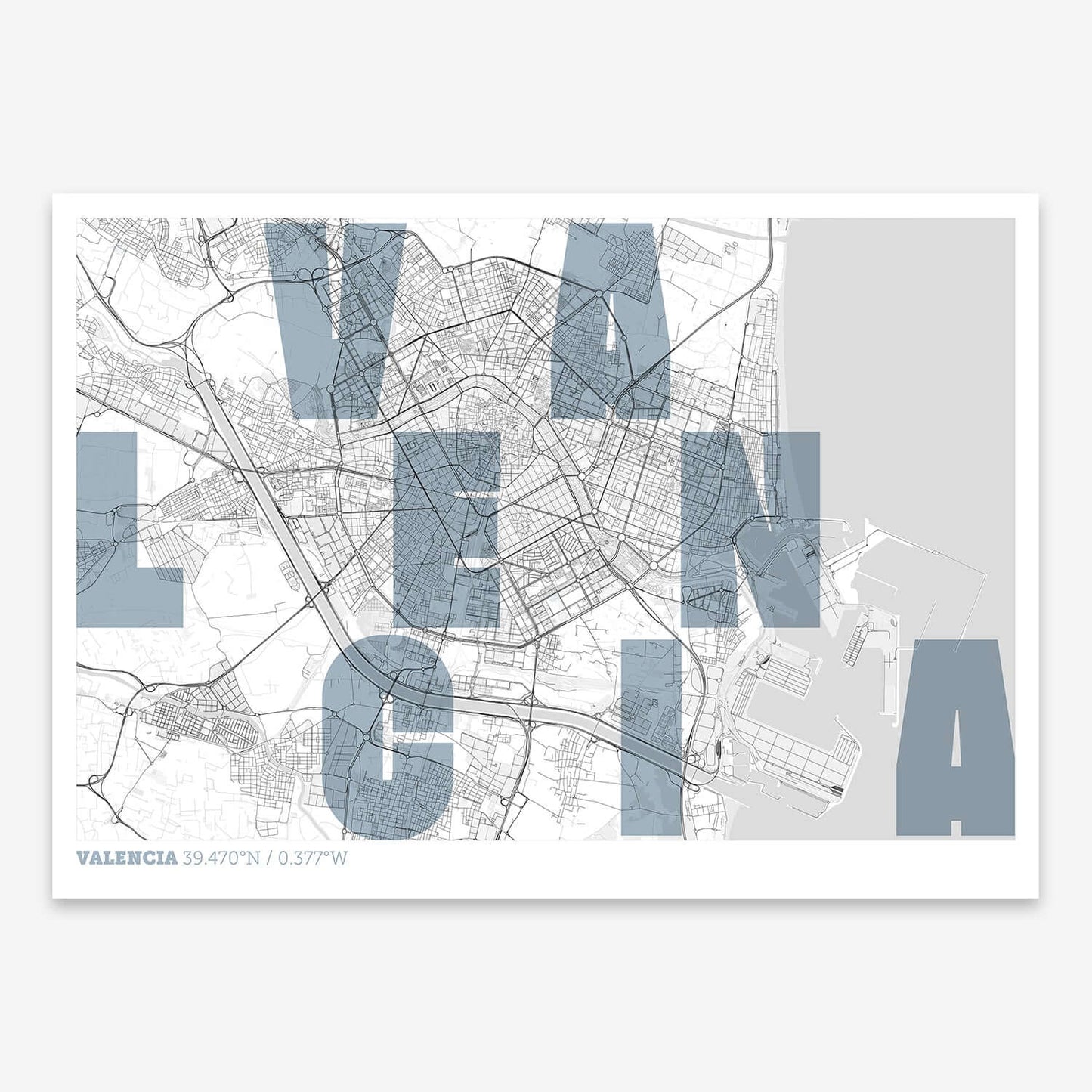 The map of Valencia with letters of its name placed randomly, designed in black and white