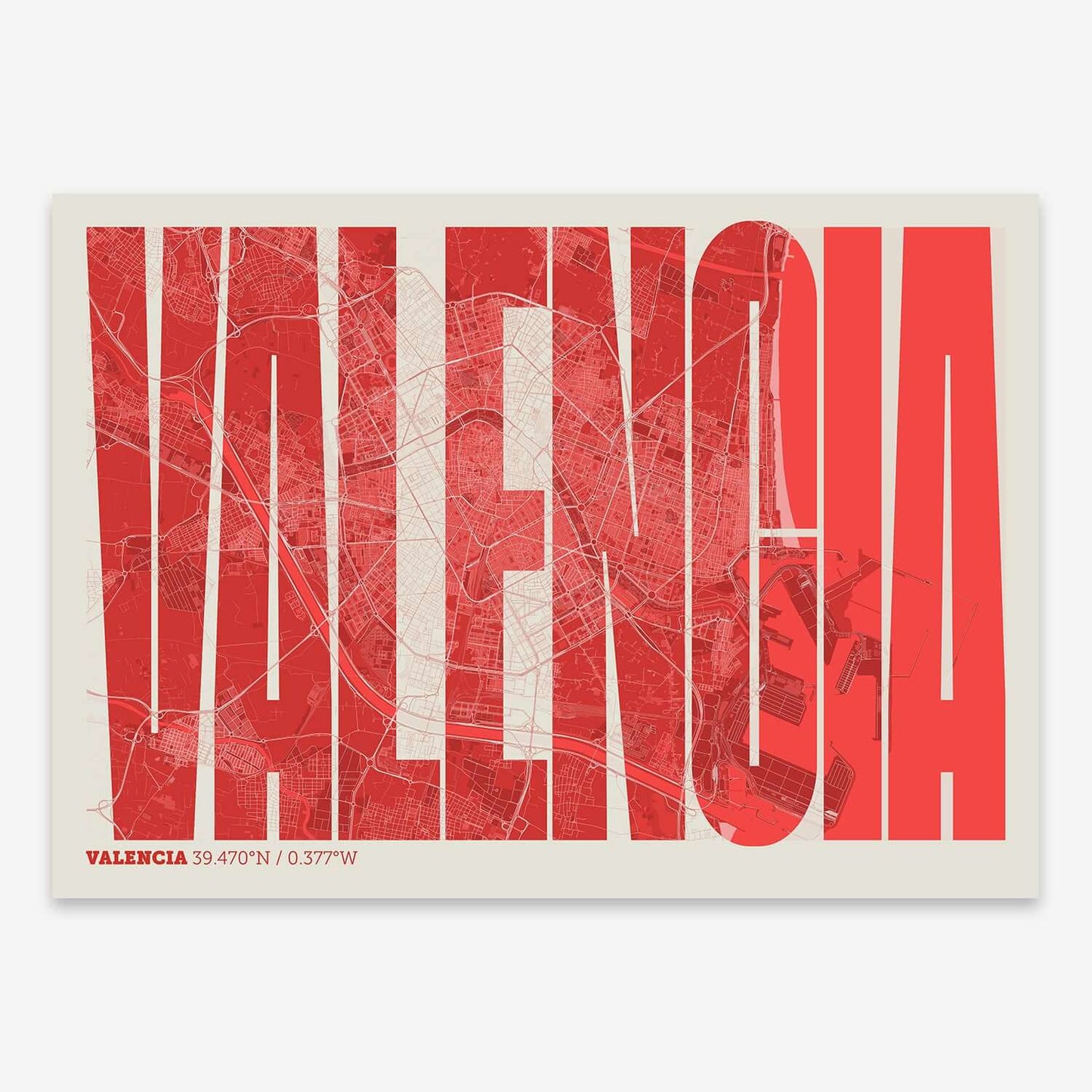 The map of Valencia and letters of its name in a giclée print designed in red and an off-white background