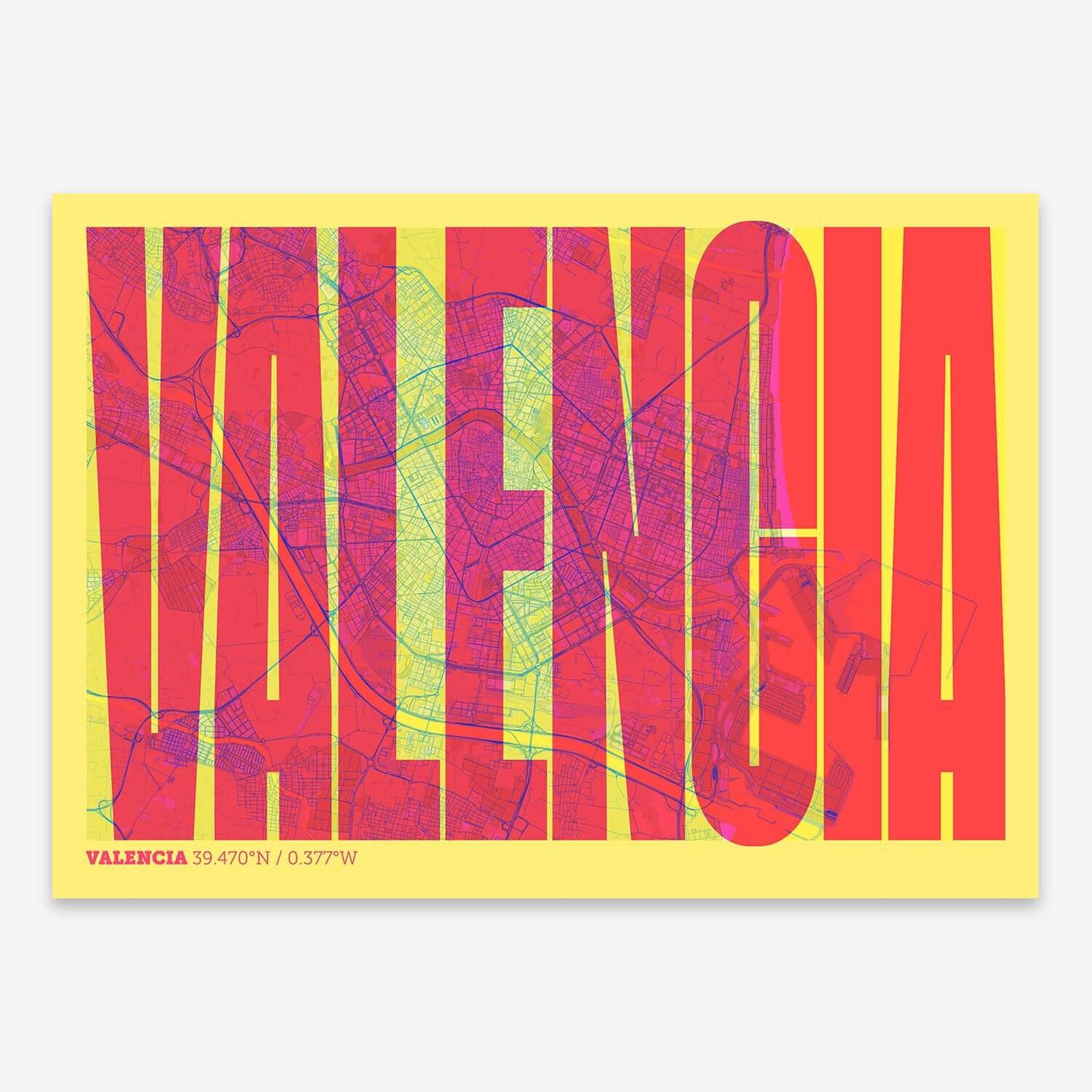 The map of Valencia and letters of its name in a giclée print designed in yellow and fuchsia