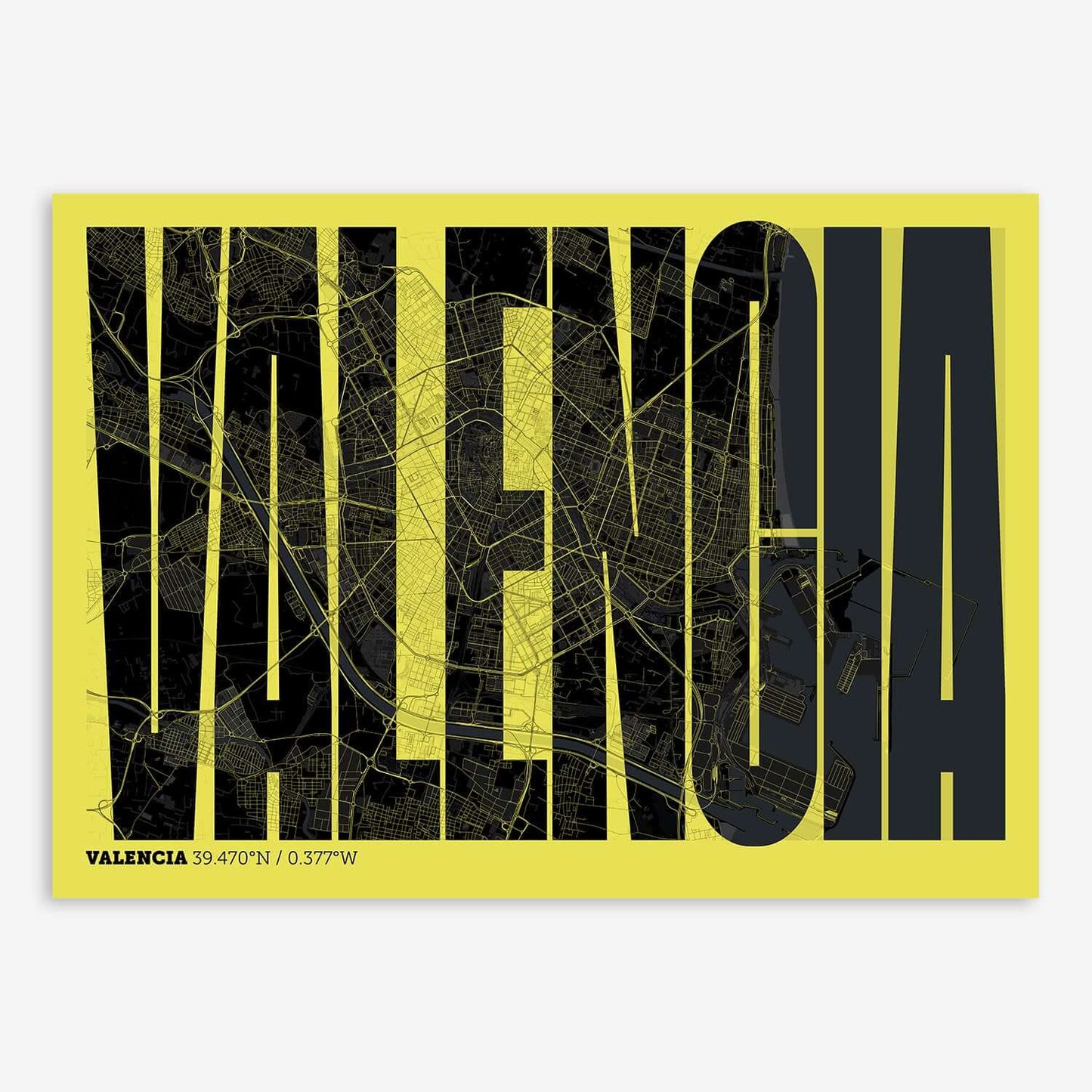 The map of Valencia and letters of its name in a giclée print designed in black and yellow