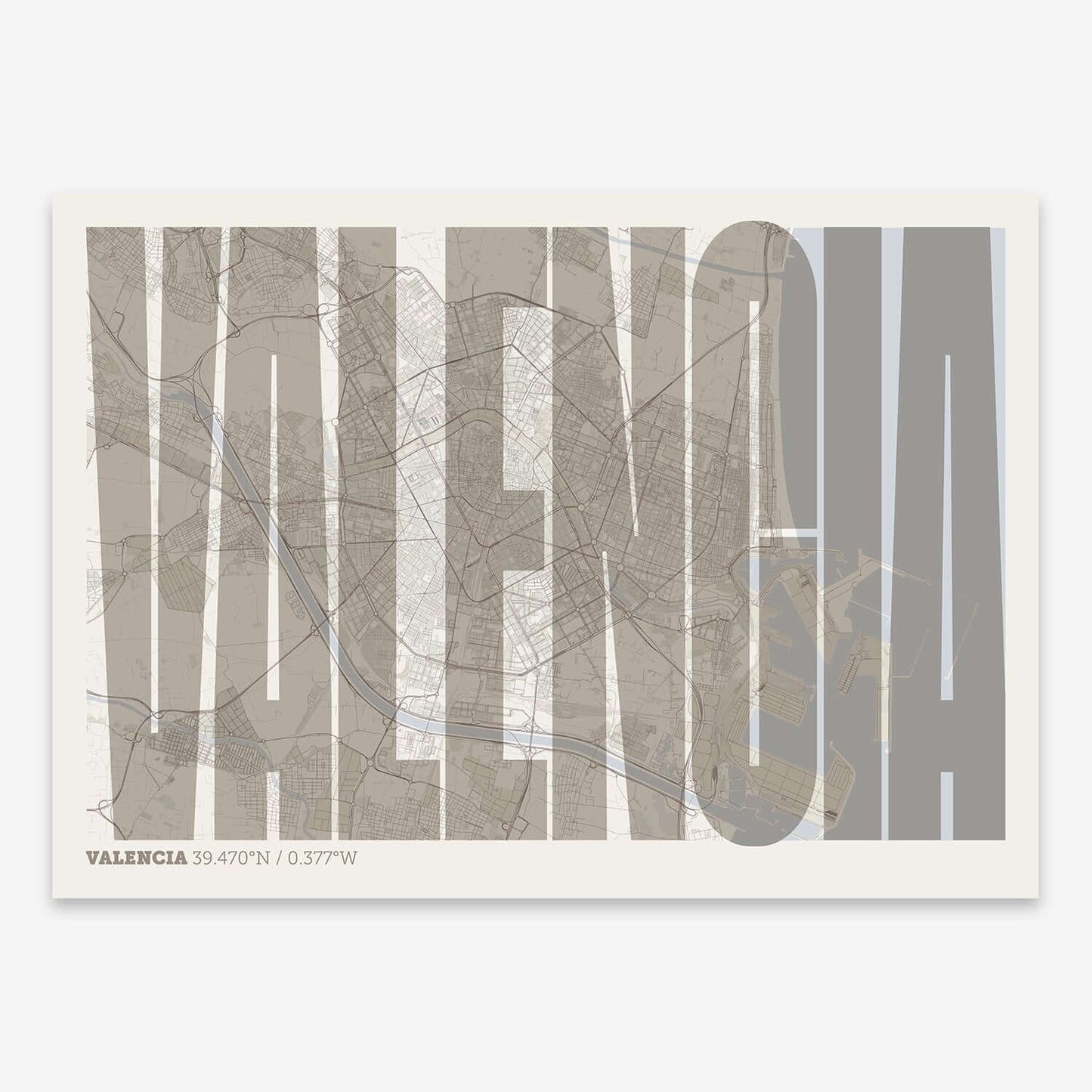 The map of Valencia and letters of its name in a giclée print designed in light brown and an off-white background