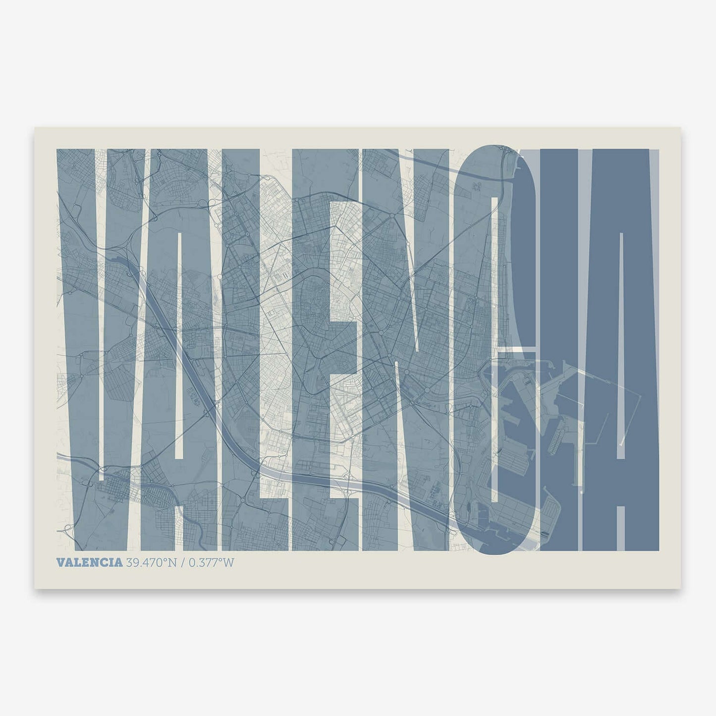 The map of Valencia and letters of its name in a giclée print designed in bluish gray and an off-white background