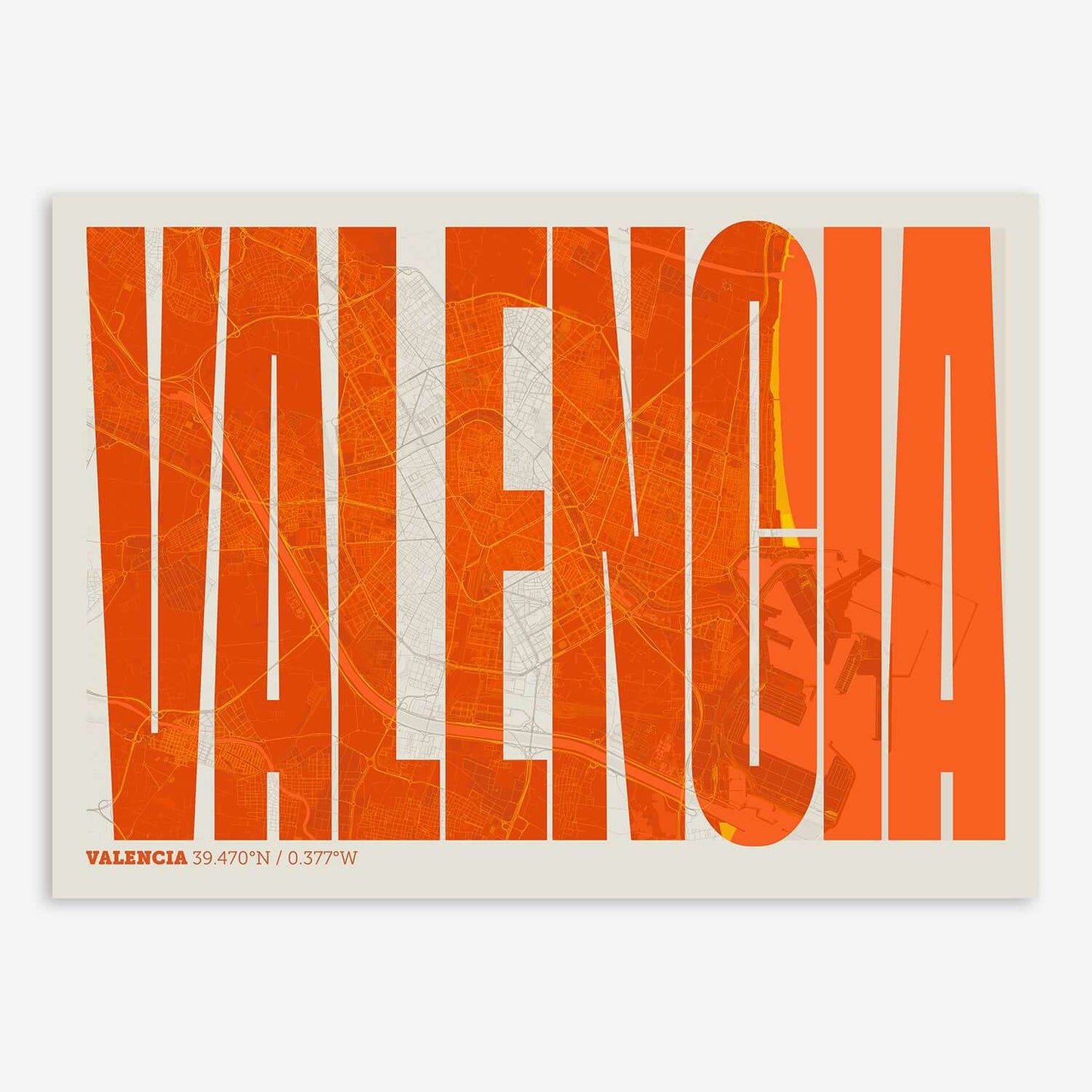 The map of Valencia and letters of its name in a giclée print designed in orange and an off-white background