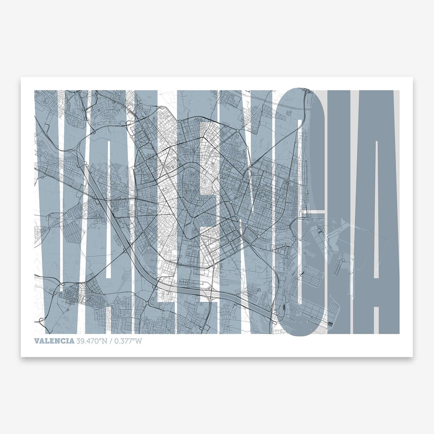 The map of Valencia and letters of its name in a giclée print designed in black and white
