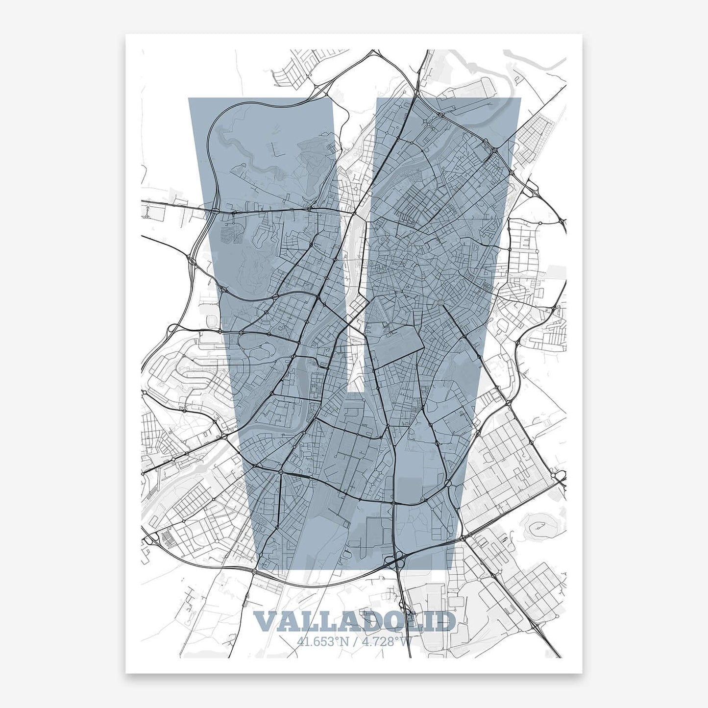The map of Valladolid composed with letters in a heavy geometric font printed on black and white