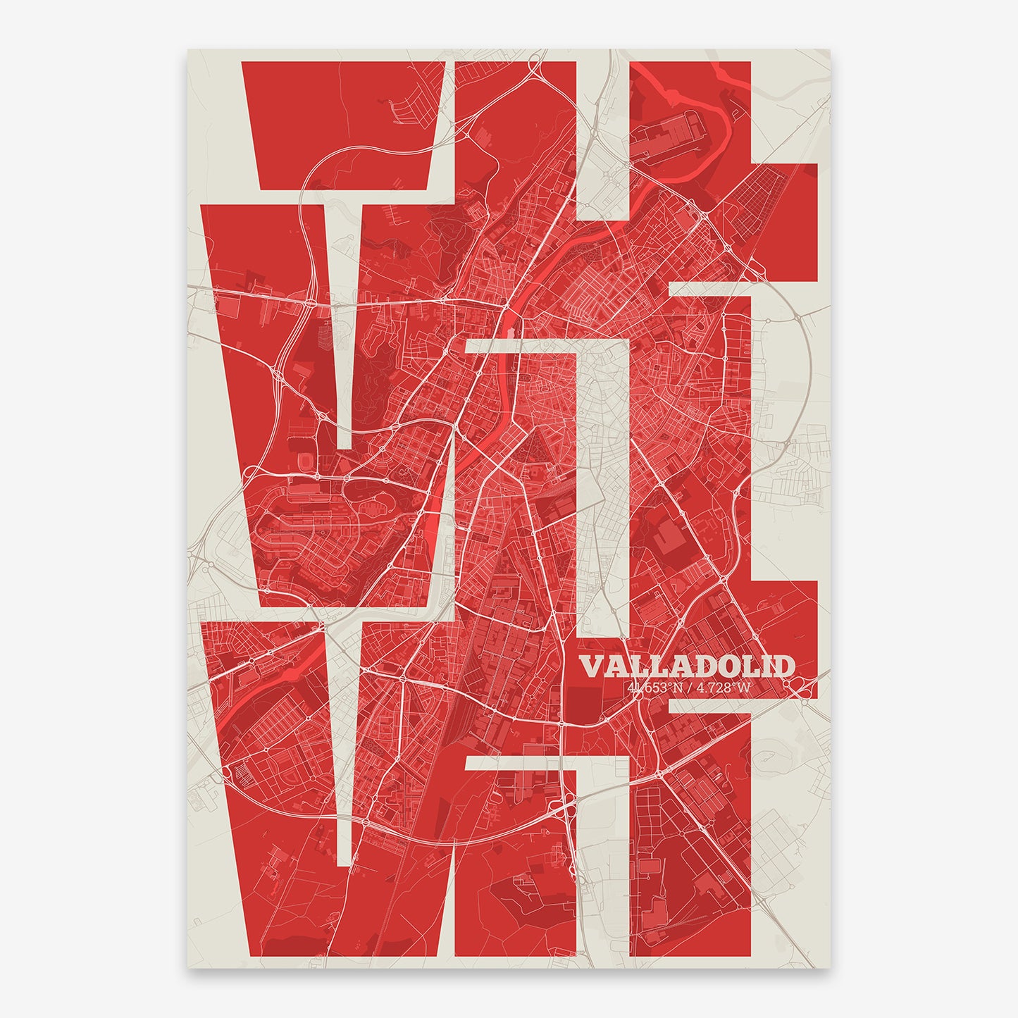 The map of Valladolid composed with letters from its name or IATA code printed on two green tones