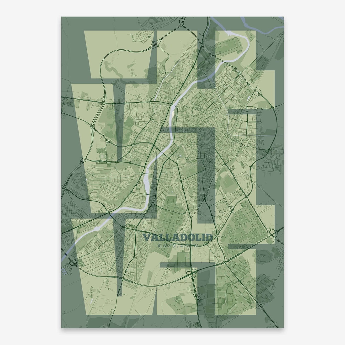 The map of Valladolid composed with letters from its name or IATA code printed on navy blue and white