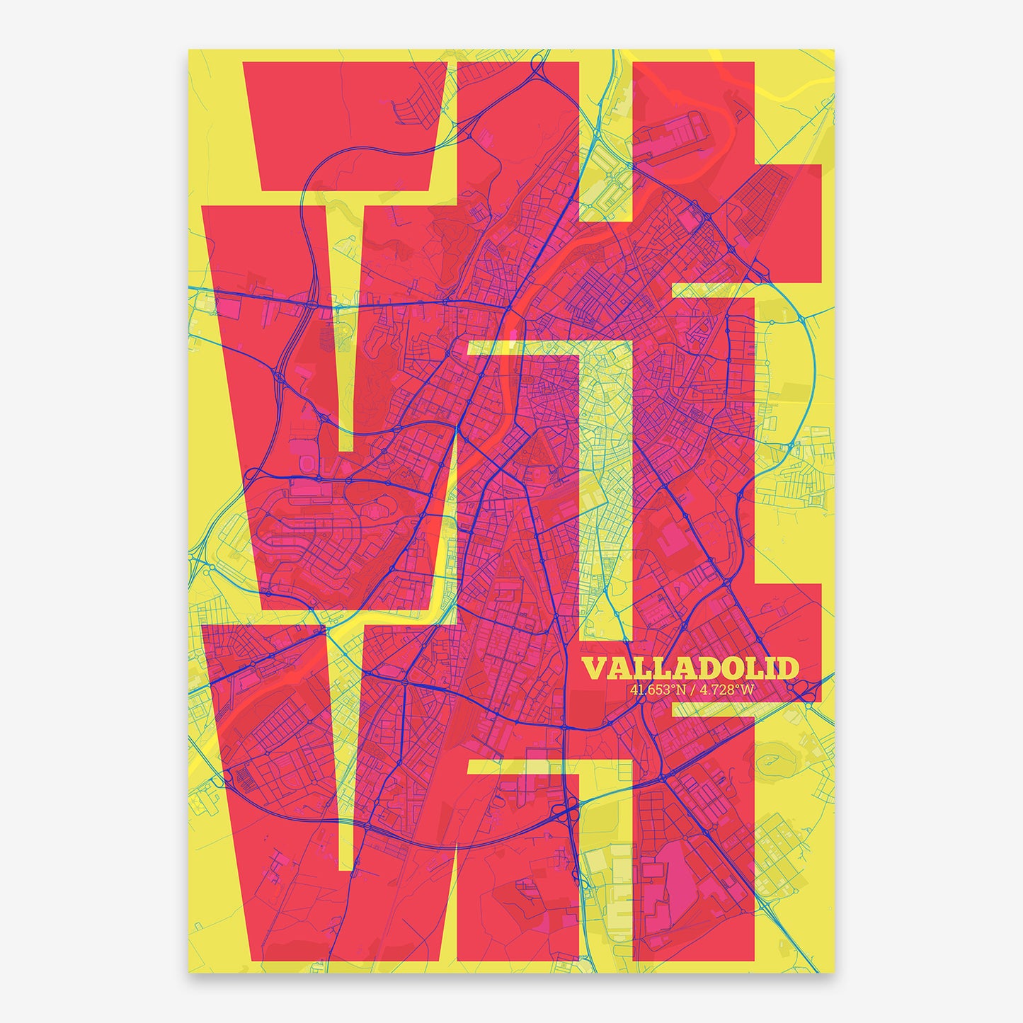 The map of Valladolid composed with letters from its name or IATA code printed on black and yellow