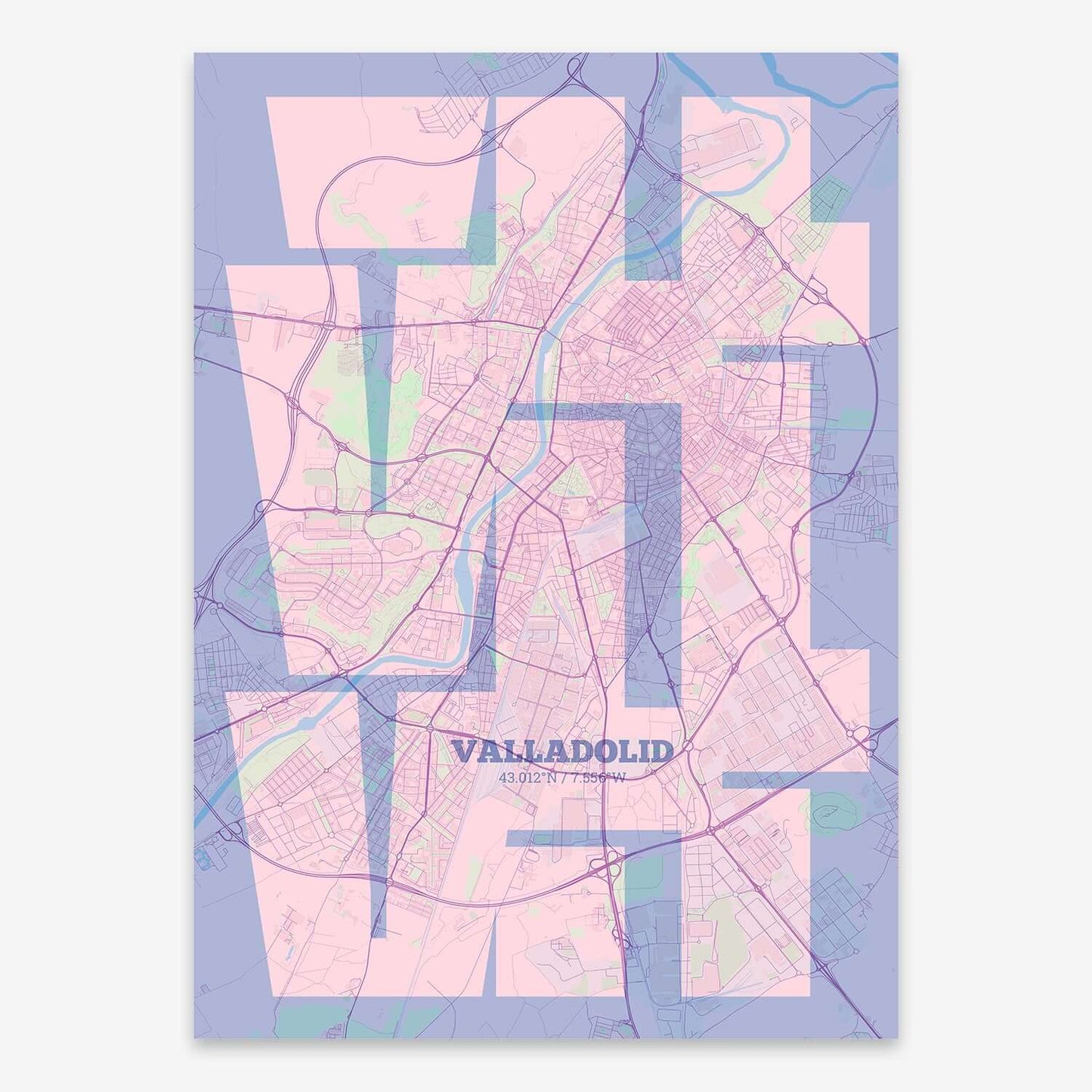 The map of Valladolid composed with letters from its name or IATA code printed on bluish gray and an off-white background