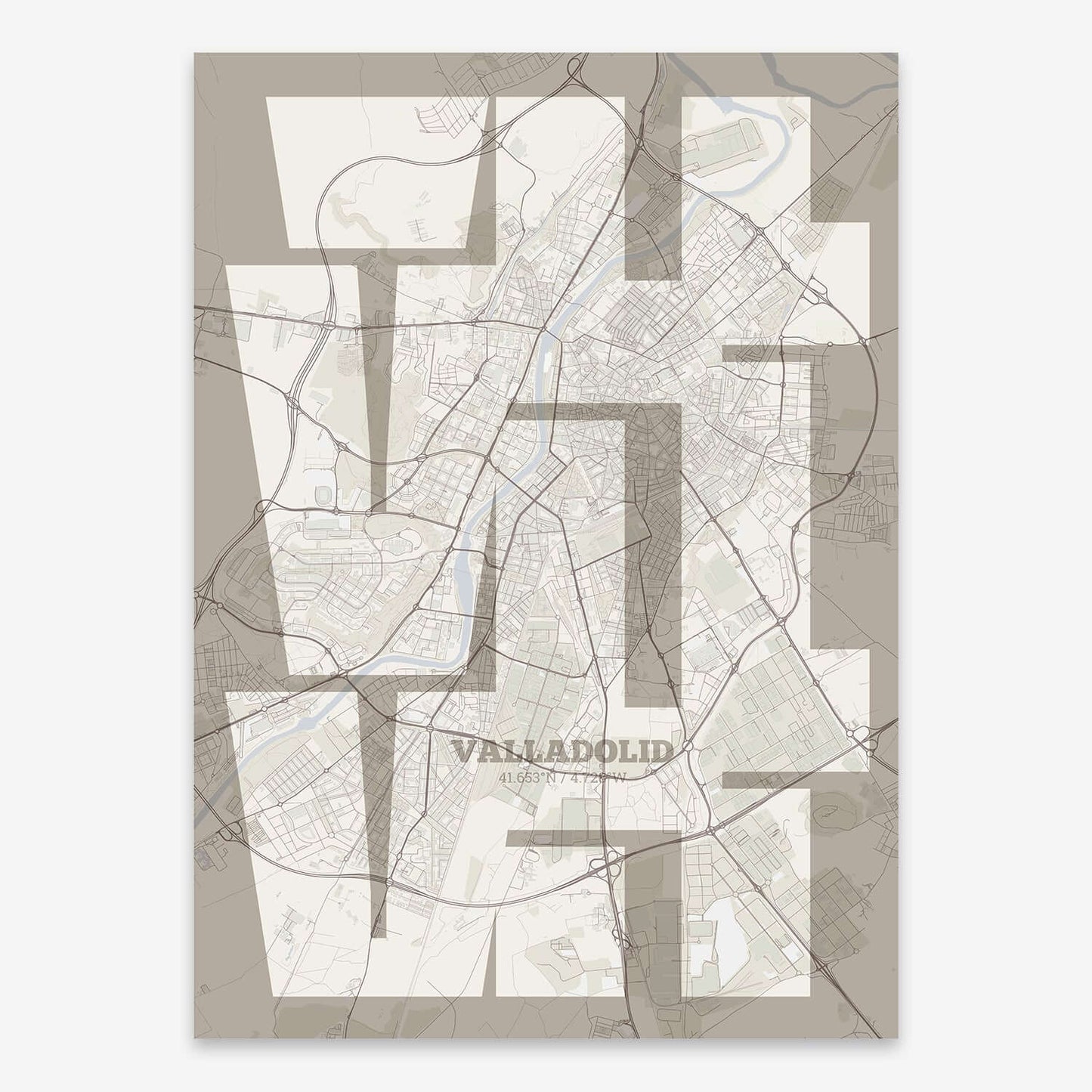 The map of Valladolid composed with letters from its name or IATA code printed on red and an off-white background