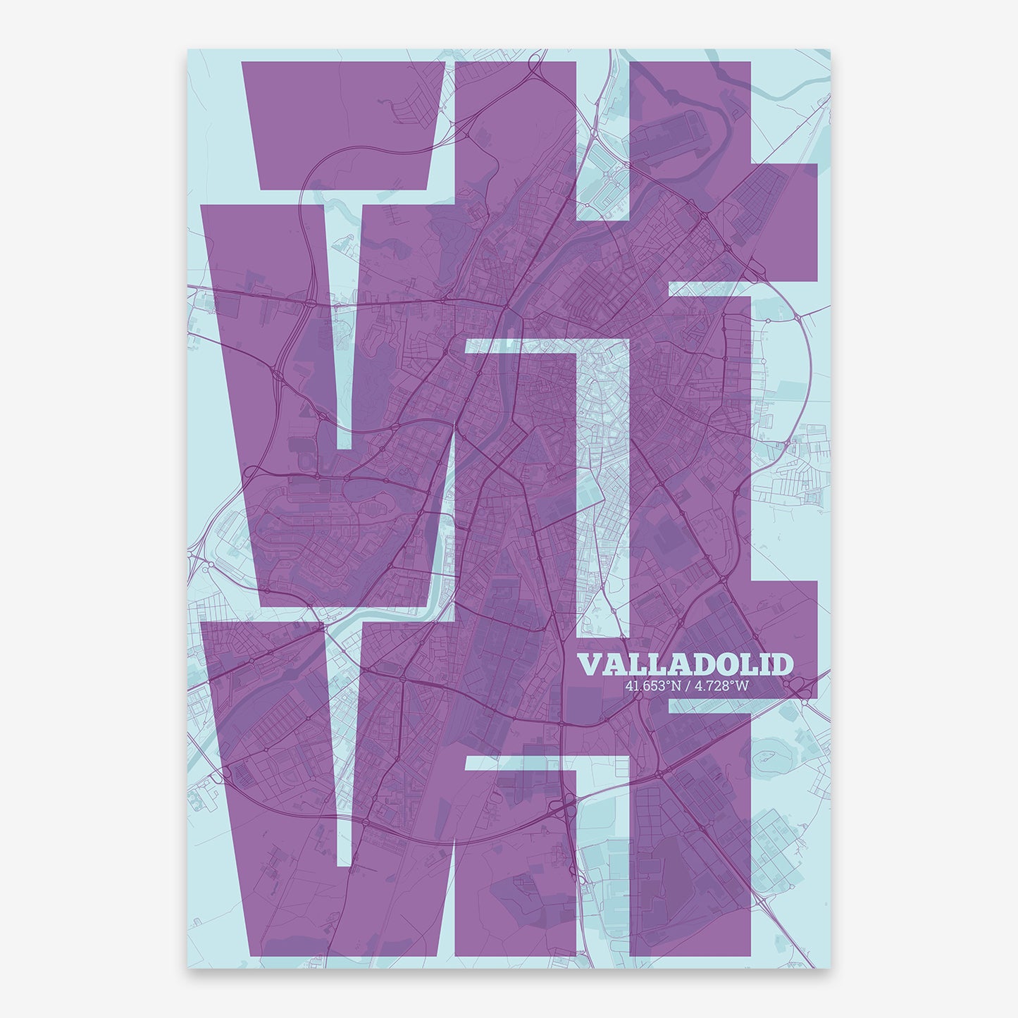 The map of Valladolid composed with letters from its name or IATA code printed on orange and an off-white background