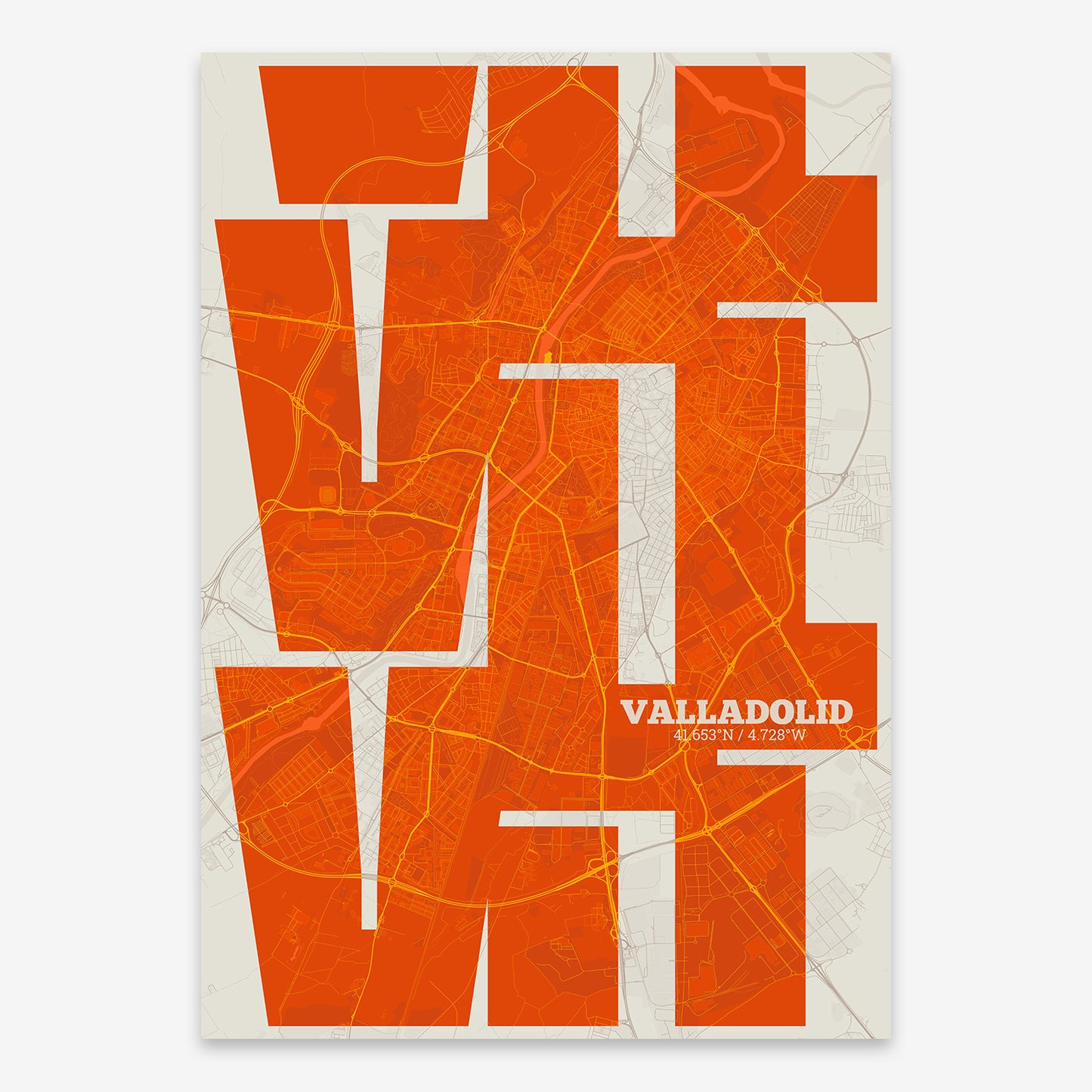The map of Valladolid composed with letters from its name or IATA code printed on light brown and an off-white background