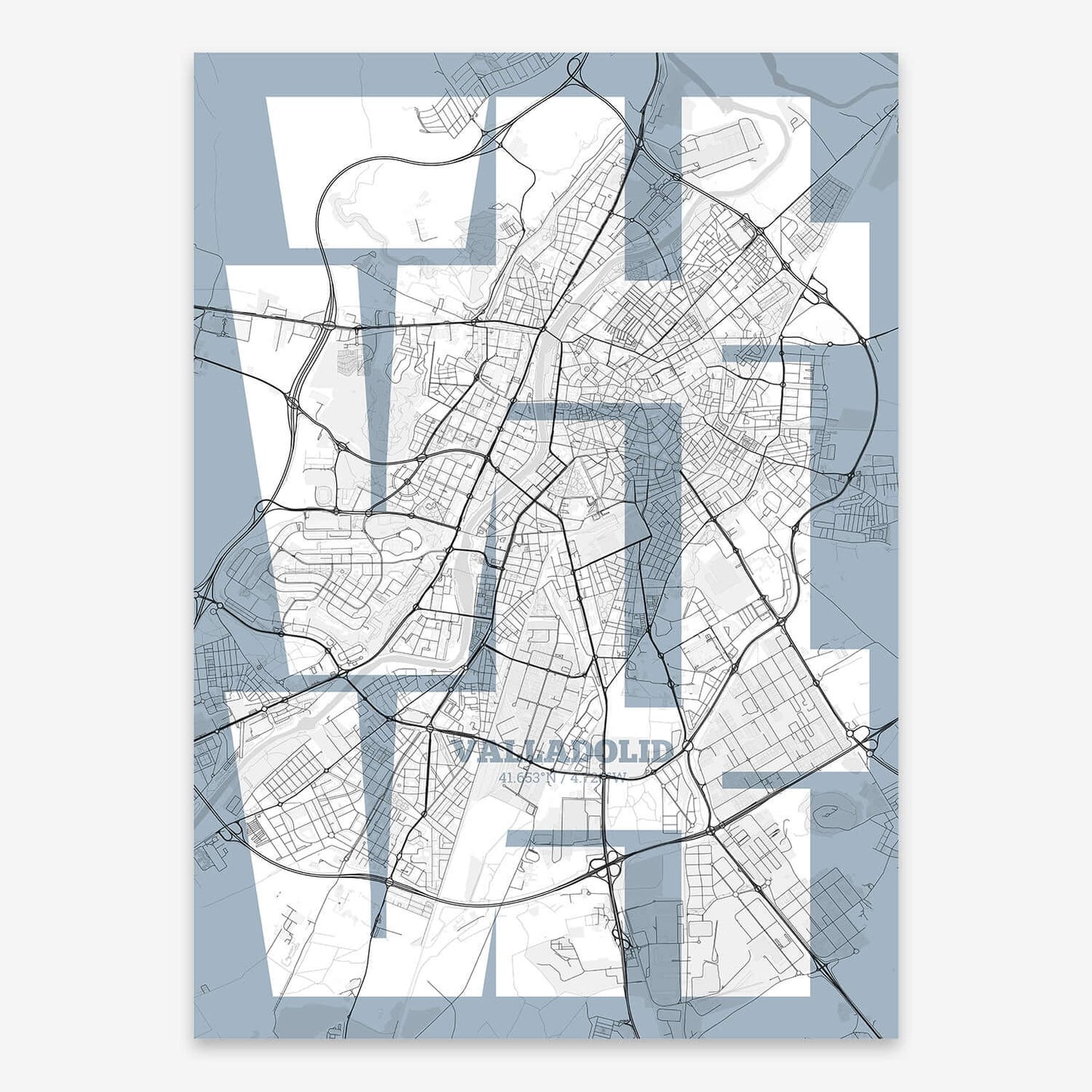The map of Valladolid composed with letters from its name or IATA code printed on black and white