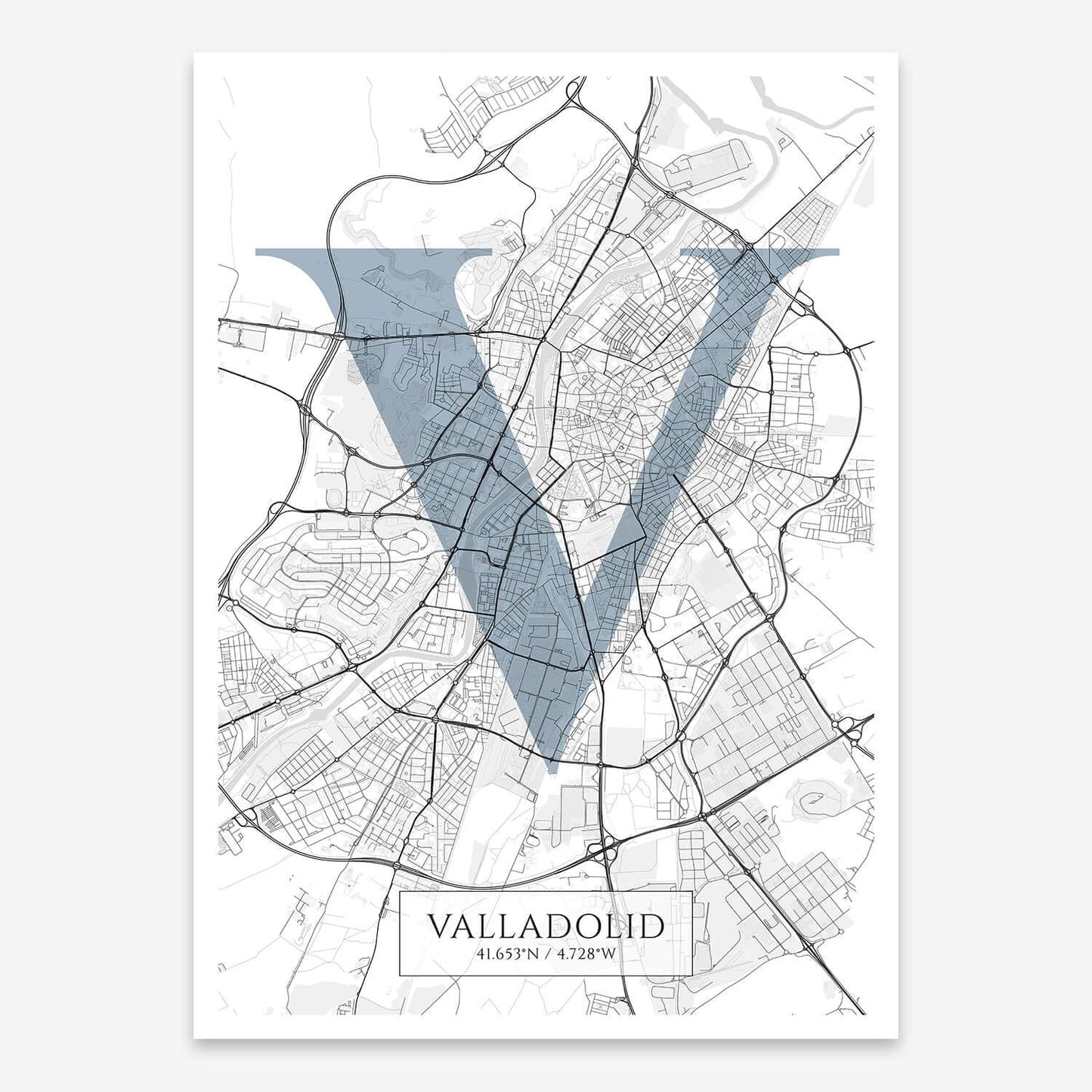 The map of Valladolid composed with letters in serif font printed on black and white