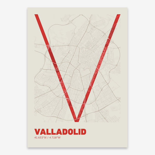 The map of Valladolid composed with letters in extra light font printed on red and an off-white background