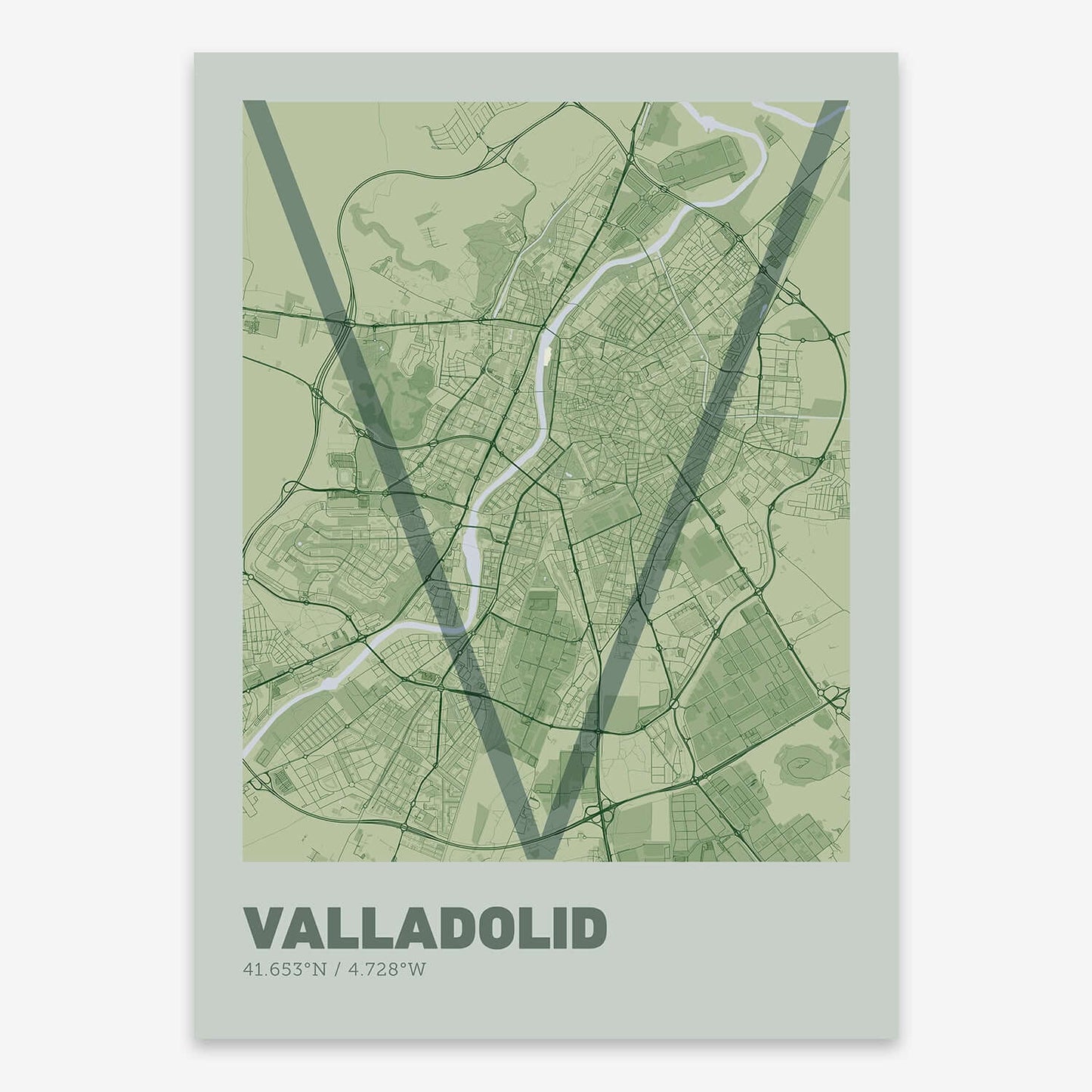 The map of Valladolid composed with letters in extra light font printed on two green tones