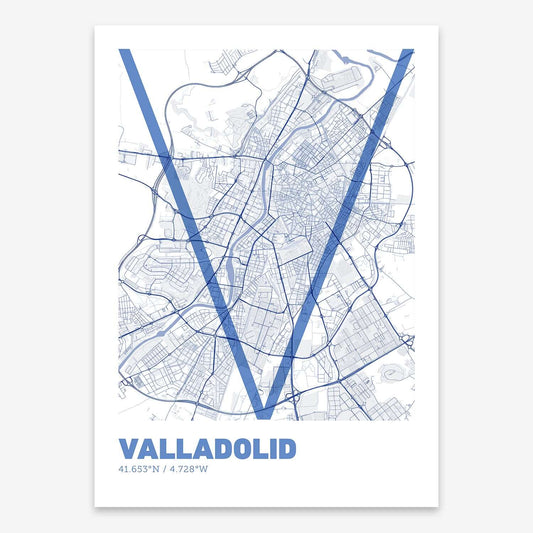 The map of Valladolid composed with letters in extra light font printed on navy blue and white