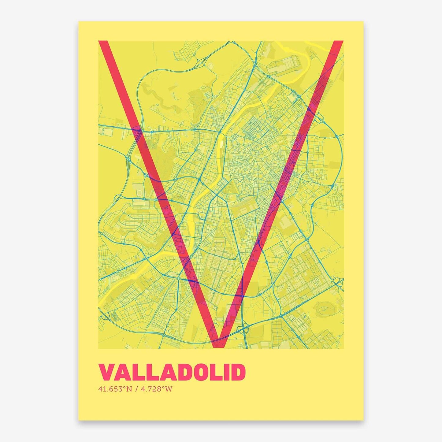 The map of Valladolid composed with letters in extra light font printed on yellow and fuchsia
