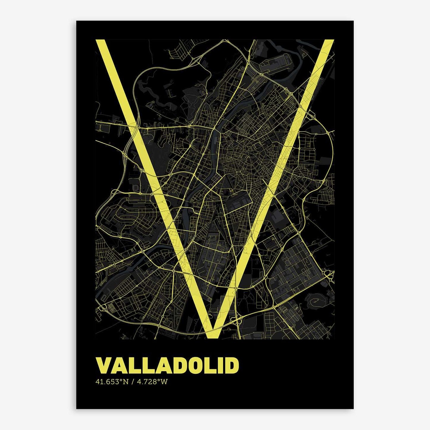 The map of Valladolid composed with letters in extra light font printed on black and yellow