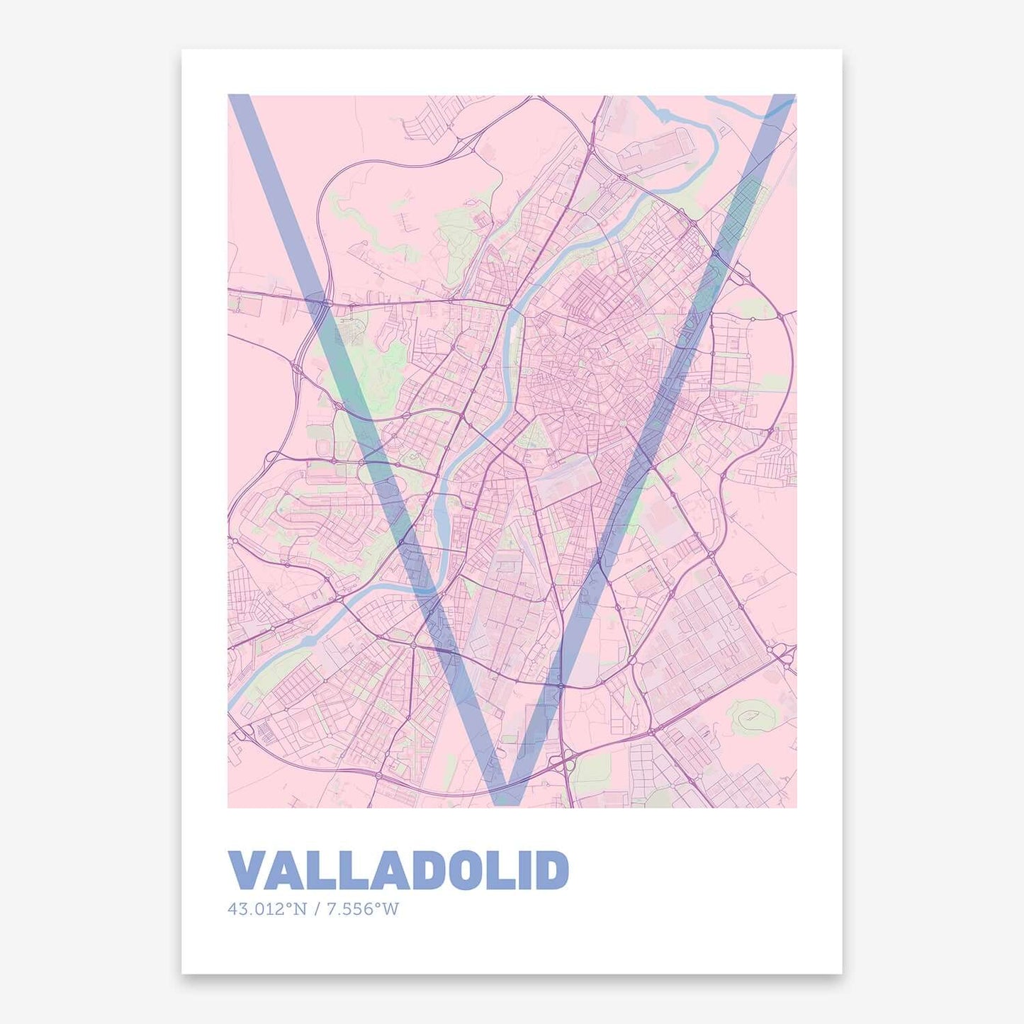 The map of Valladolid composed with letters in extra light font printed on pink and light blue