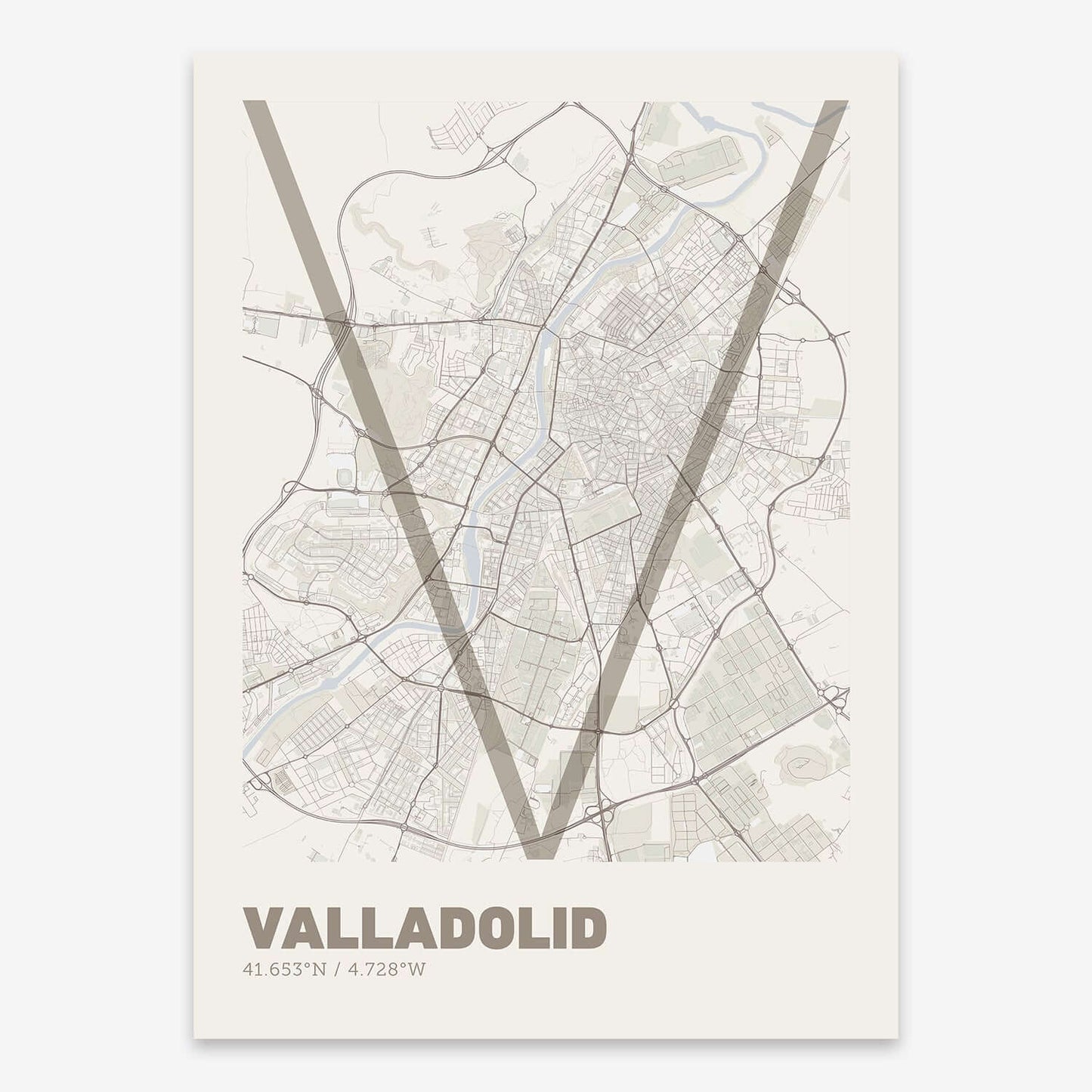 The map of Valladolid composed with letters in extra light font printed on light brown and an off-white background