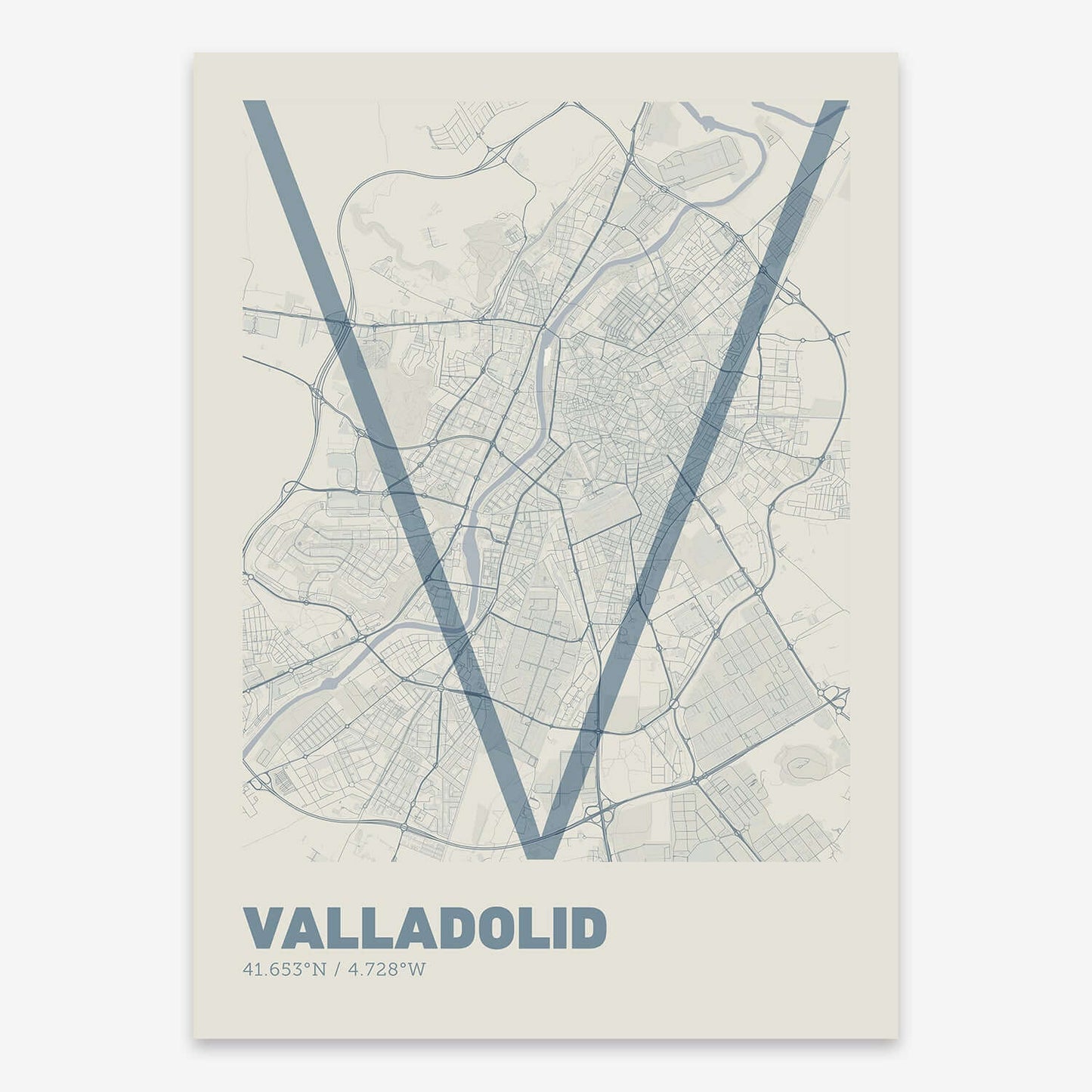 The map of Valladolid composed with letters in extra light font printed on bluish gray and an off-white background