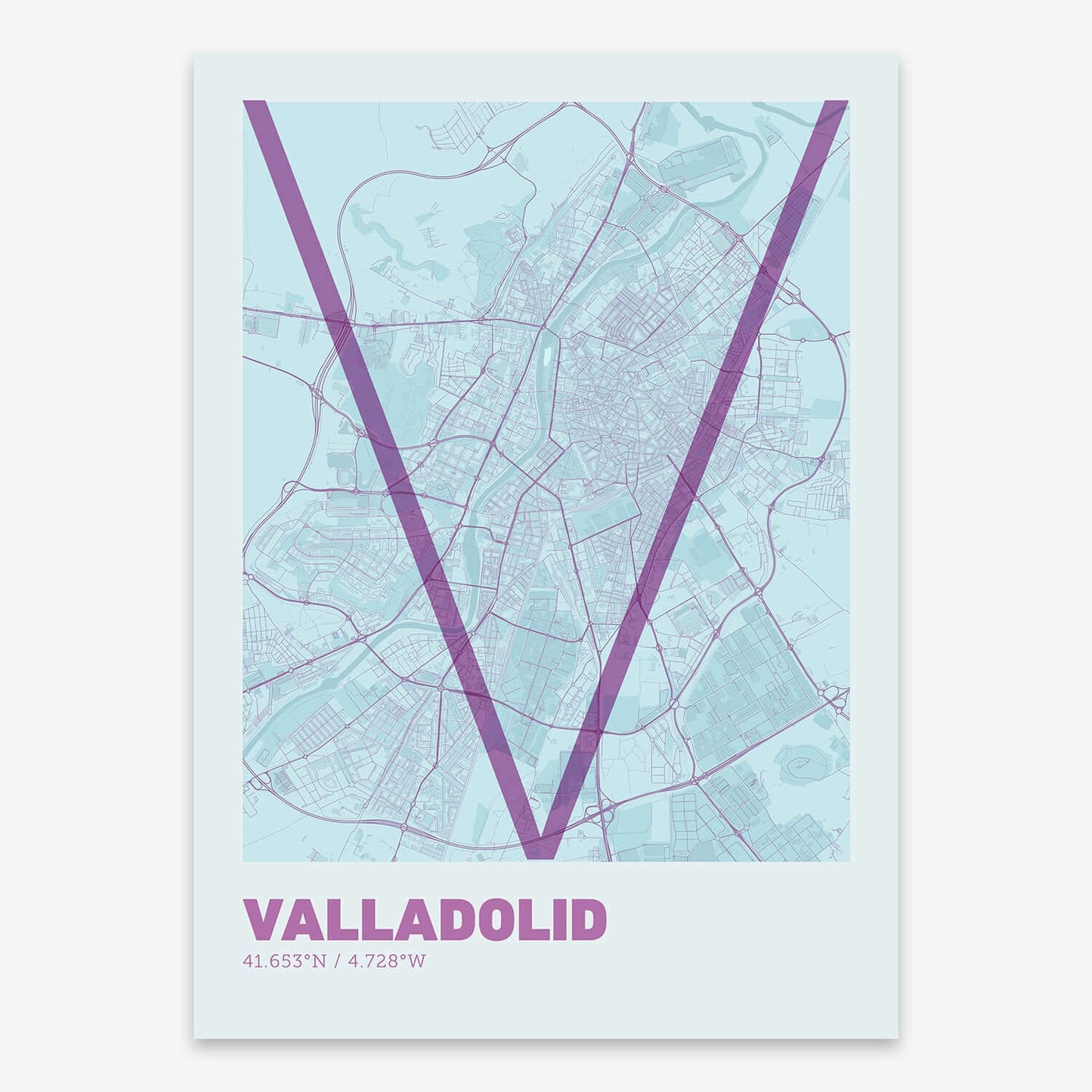 The map of Valladolid composed with letters in extra light font printed on purple and light blue