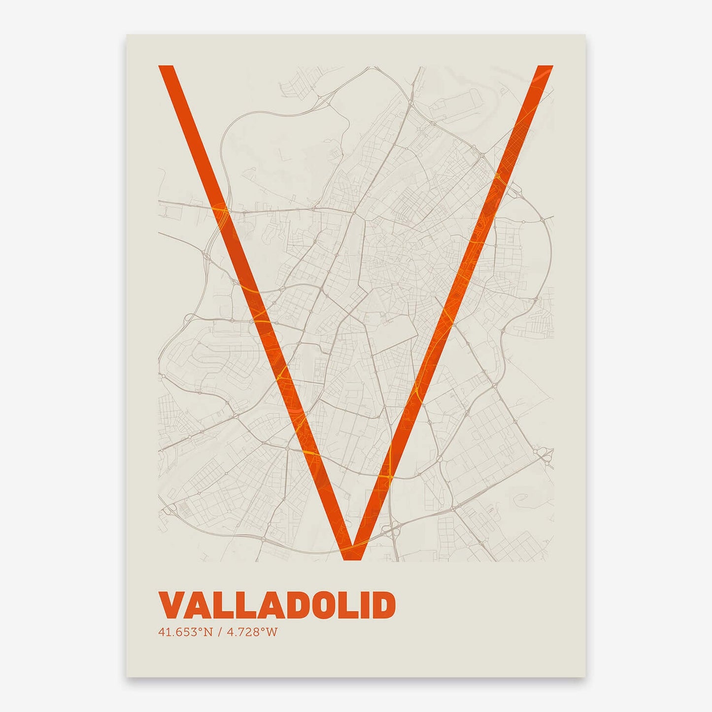 The map of Valladolid composed with letters in extra light font printed on orange and an off-white background