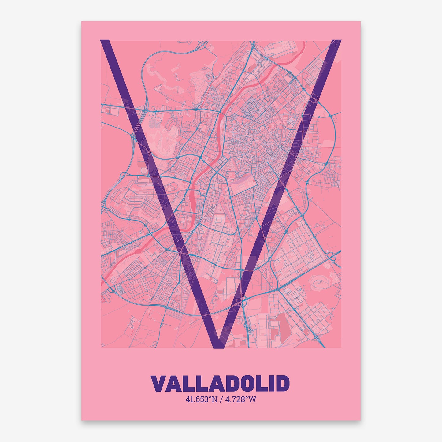 The map of Valladolid composed with letters in extra light font printed on violet y pink background